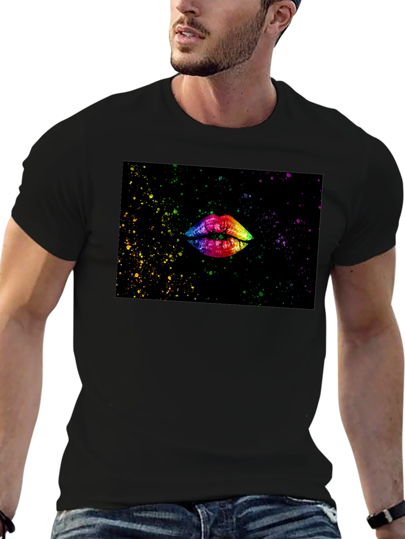 Camiseta Negra Estampado Labios Arcoíris
