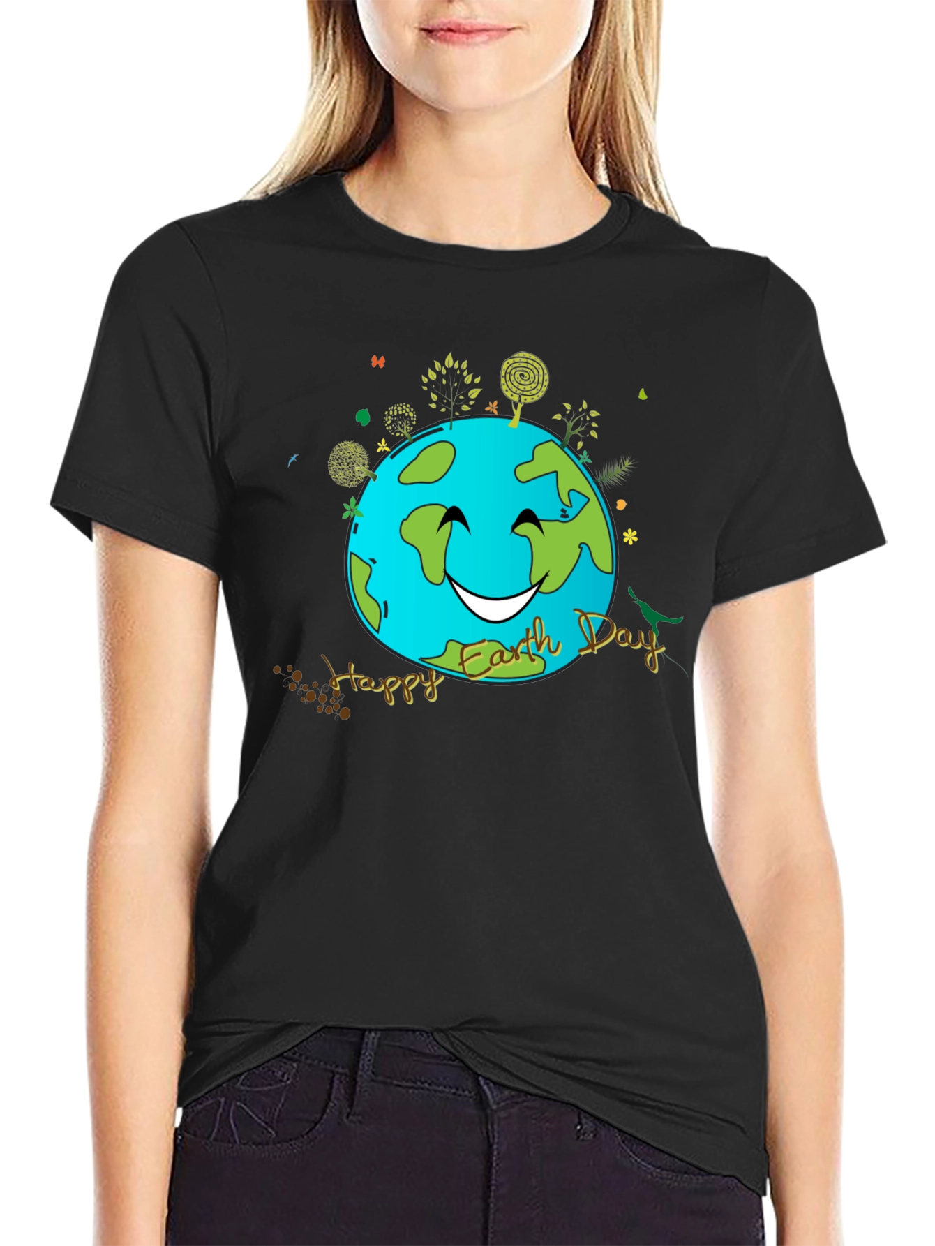 Camiseta Negra Día de la Tierra con Diseño Sonriente