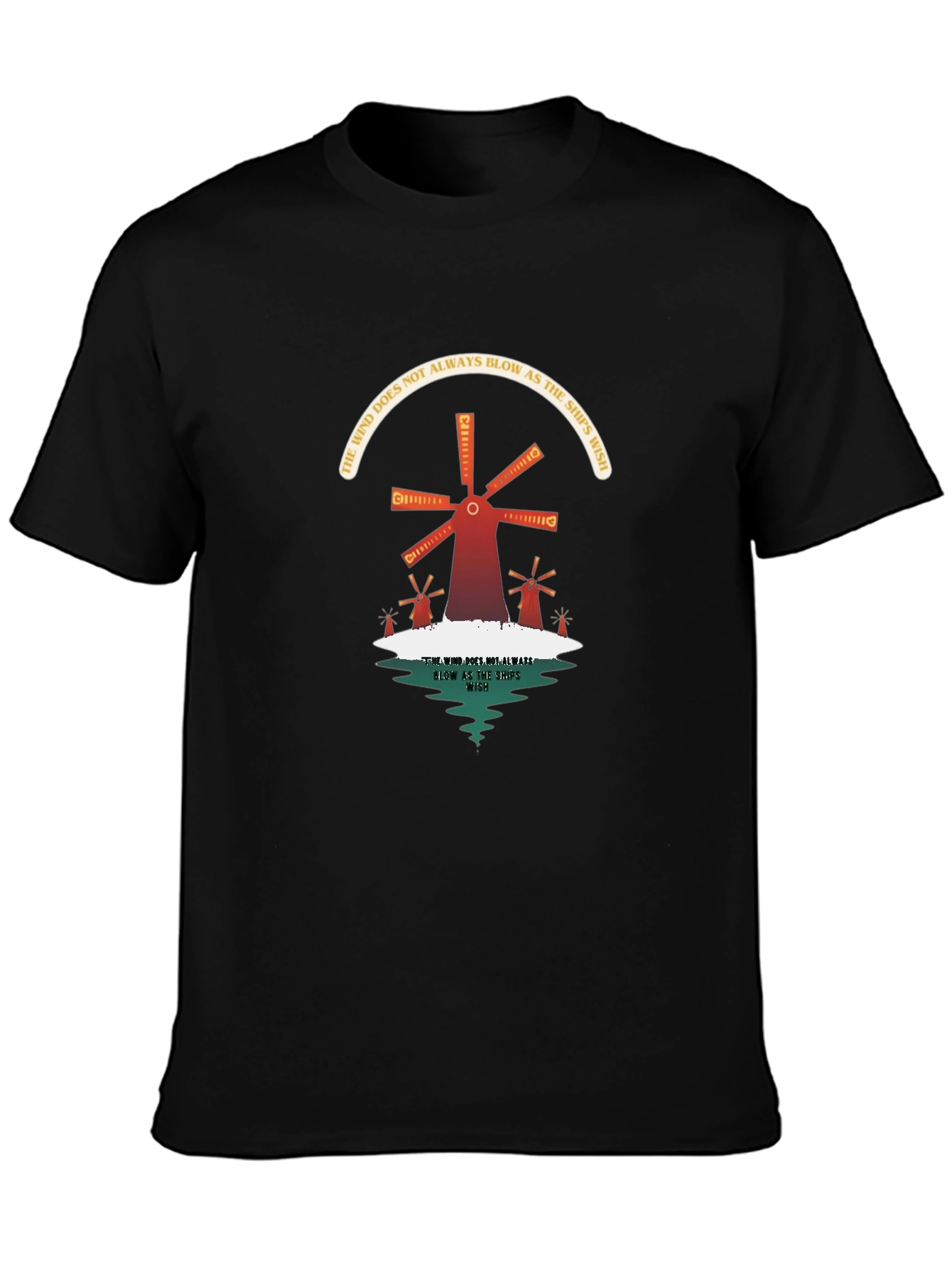 Camiseta Negra con Diseño de Molinos y Reflexión