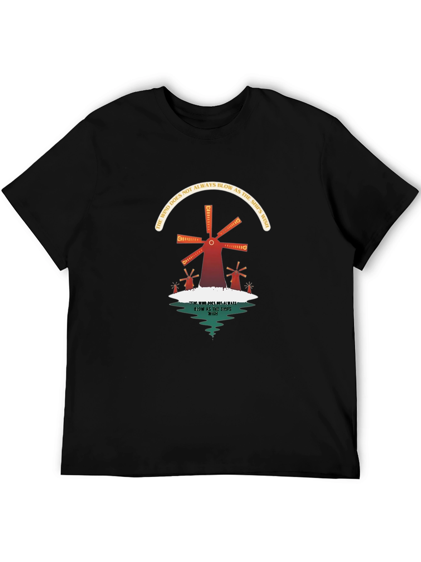 Camiseta Negra con Diseño de Molinos y Reflexión