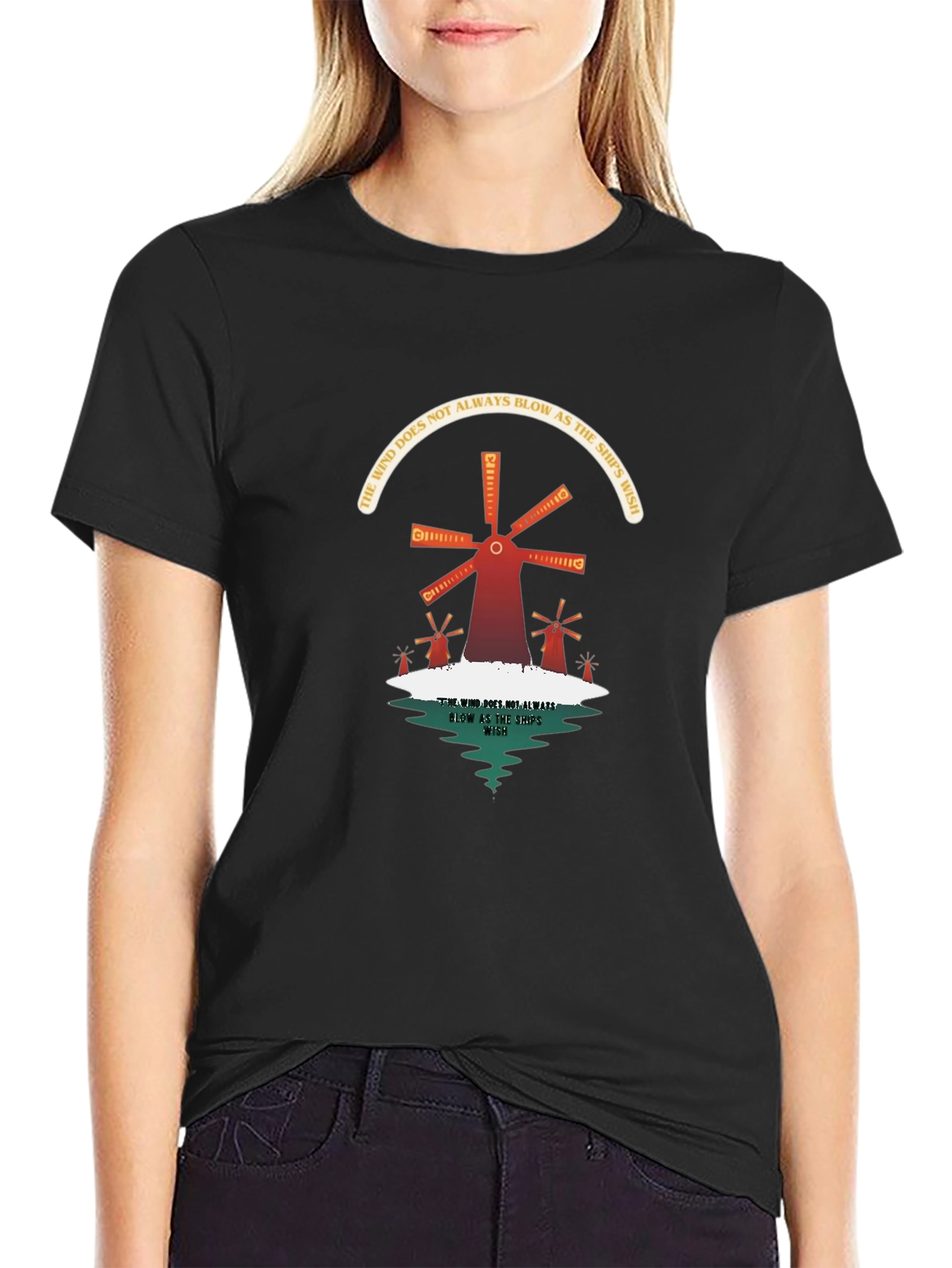 Camiseta Negra con Diseño de Molinos y Reflexión