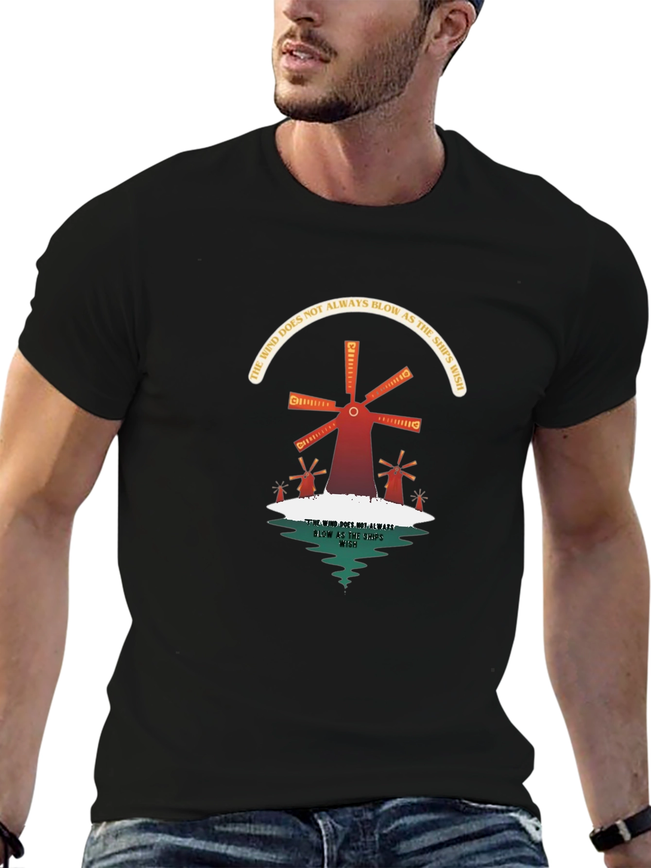 Camiseta Negra con Diseño de Molinos y Reflexión