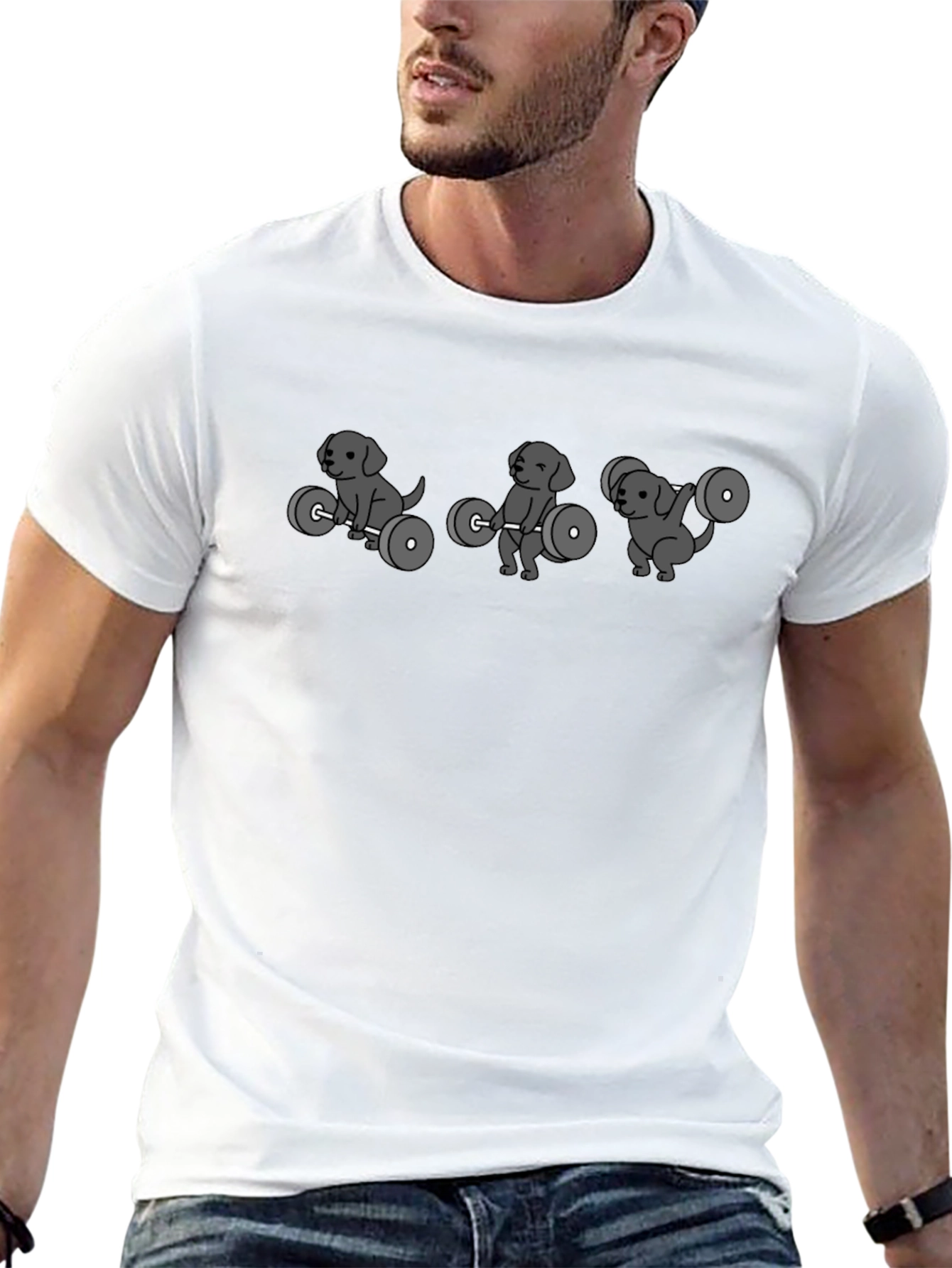 Camiseta Negra con Diseño de Perros Levantando Pesas