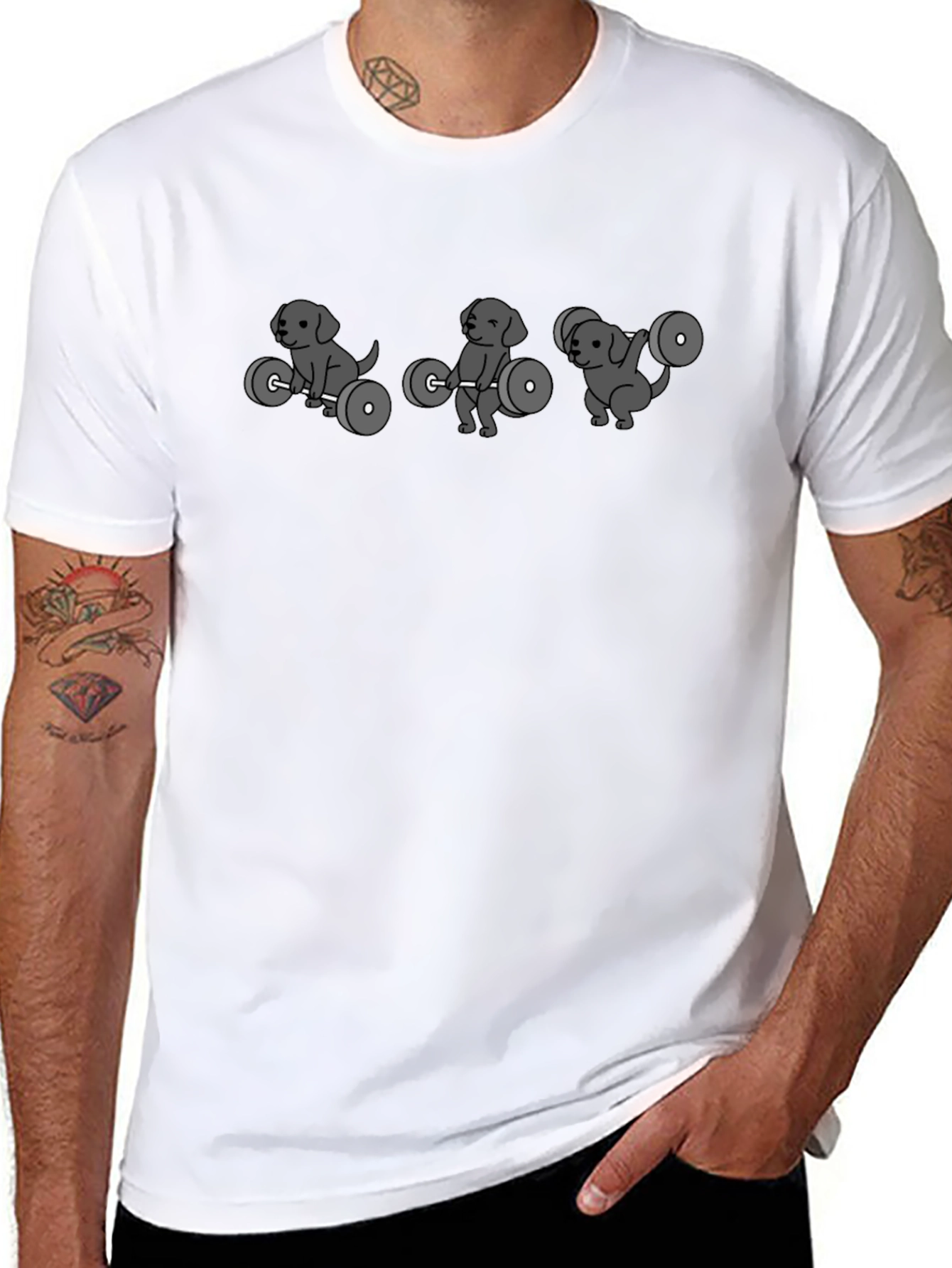 Camiseta Negra con Diseño de Perros Levantando Pesas