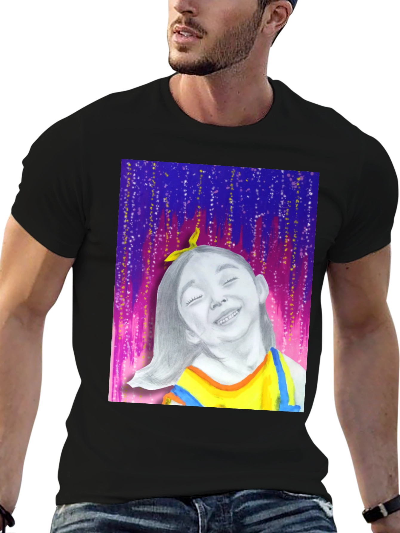 Camiseta Negra con Diseño Artístico de Niña Feliz