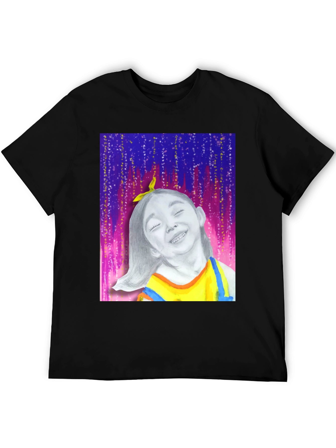 Camiseta Negra con Diseño Artístico de Niña Feliz