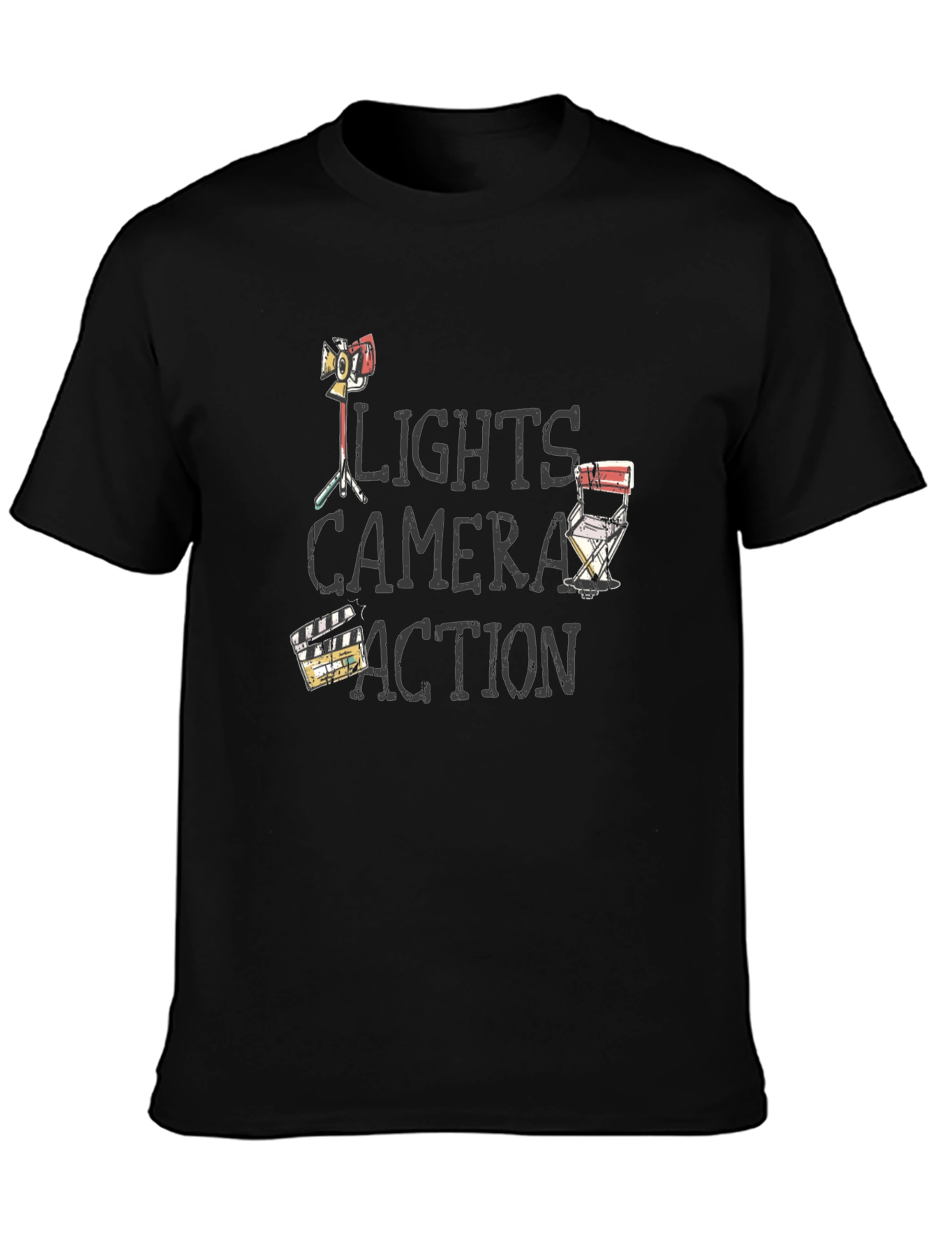 Camiseta Negra Luces Cámara Acción para Amantes del Cine