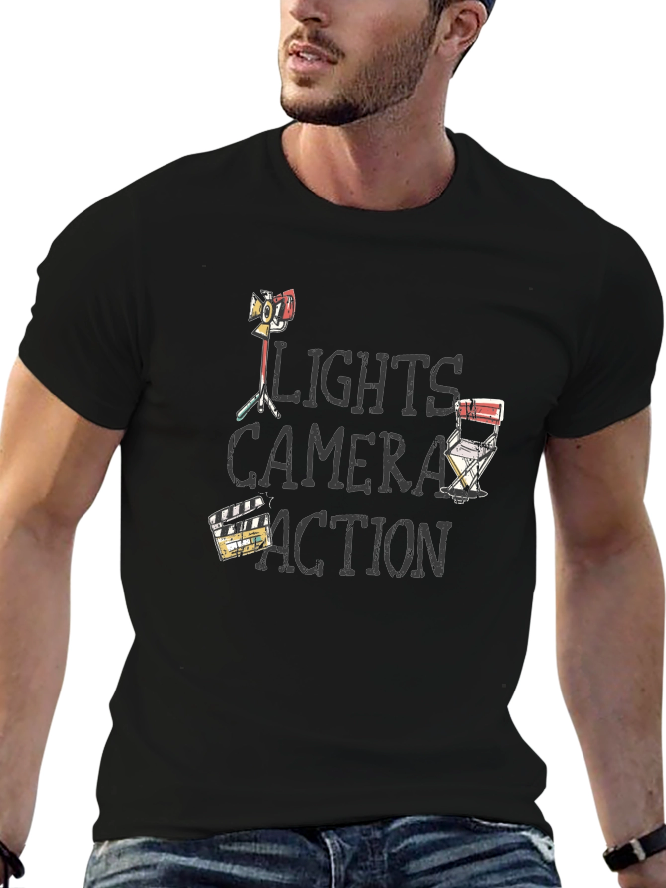 Camiseta Negra Luces Cámara Acción para Amantes del Cine