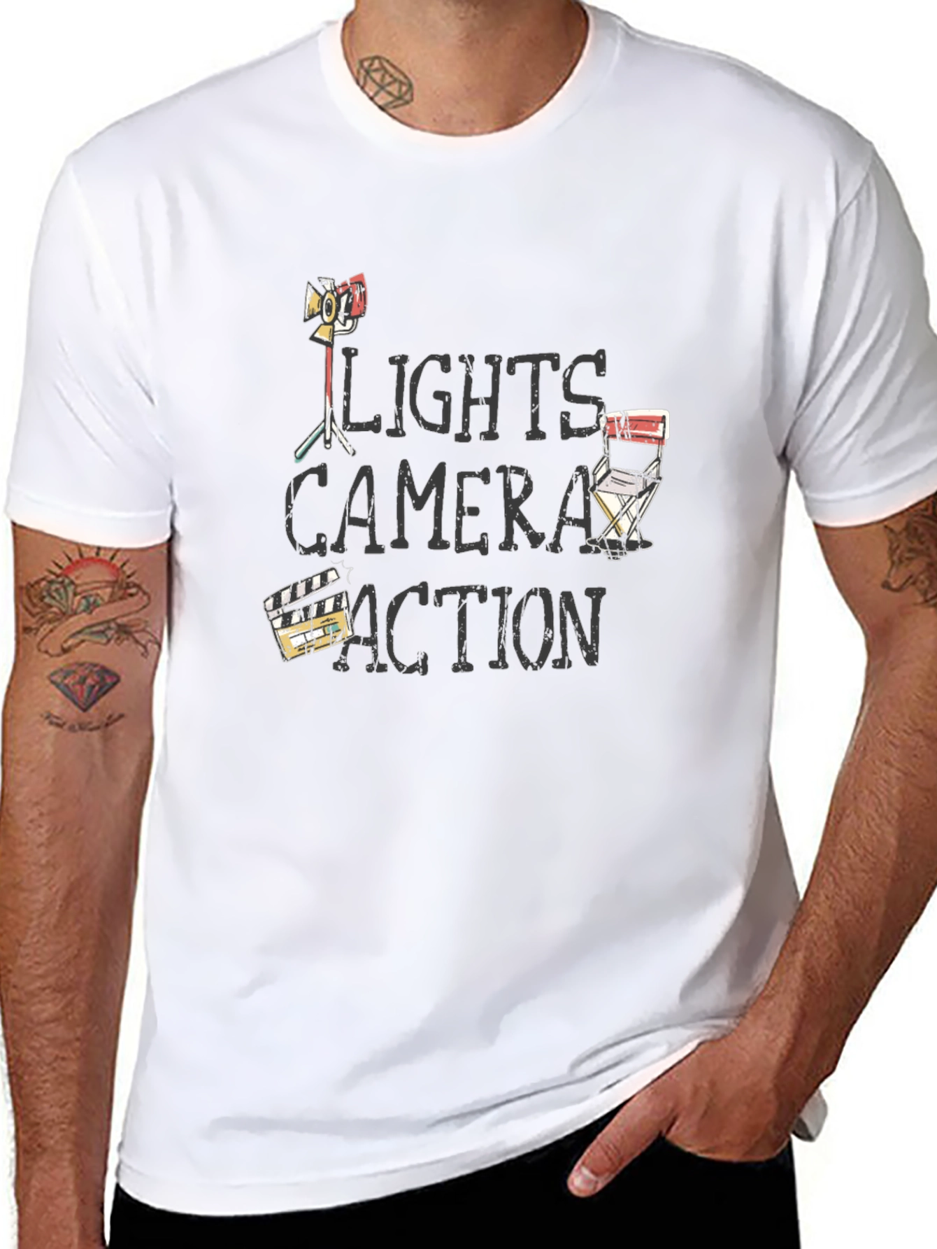 Camiseta Negra Luces Cámara Acción para Amantes del Cine