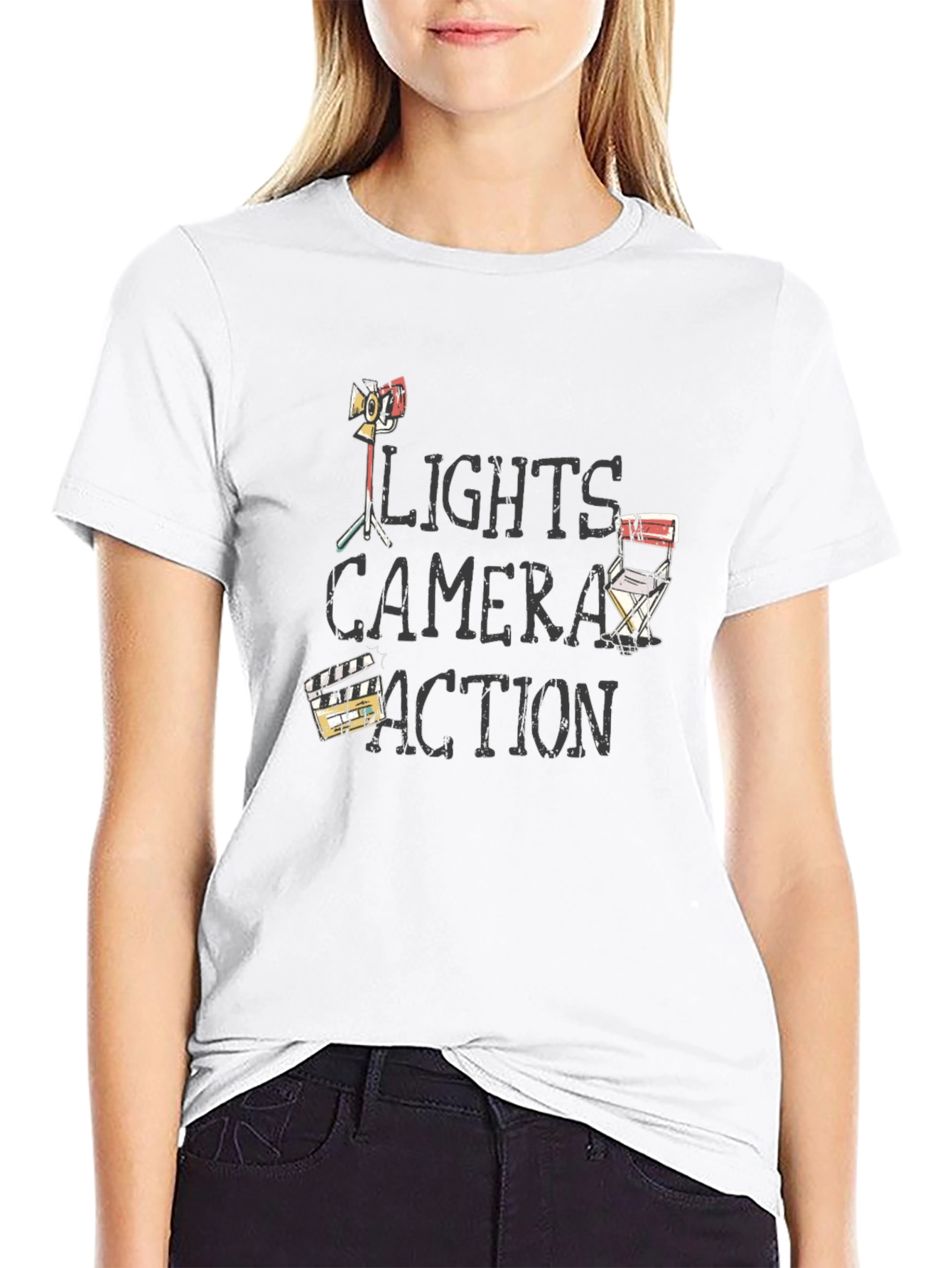 Camiseta Negra Luces Cámara Acción para Amantes del Cine
