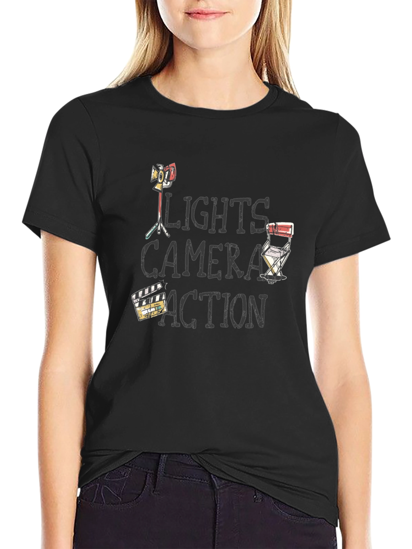 Camiseta Negra Luces Cámara Acción para Amantes del Cine