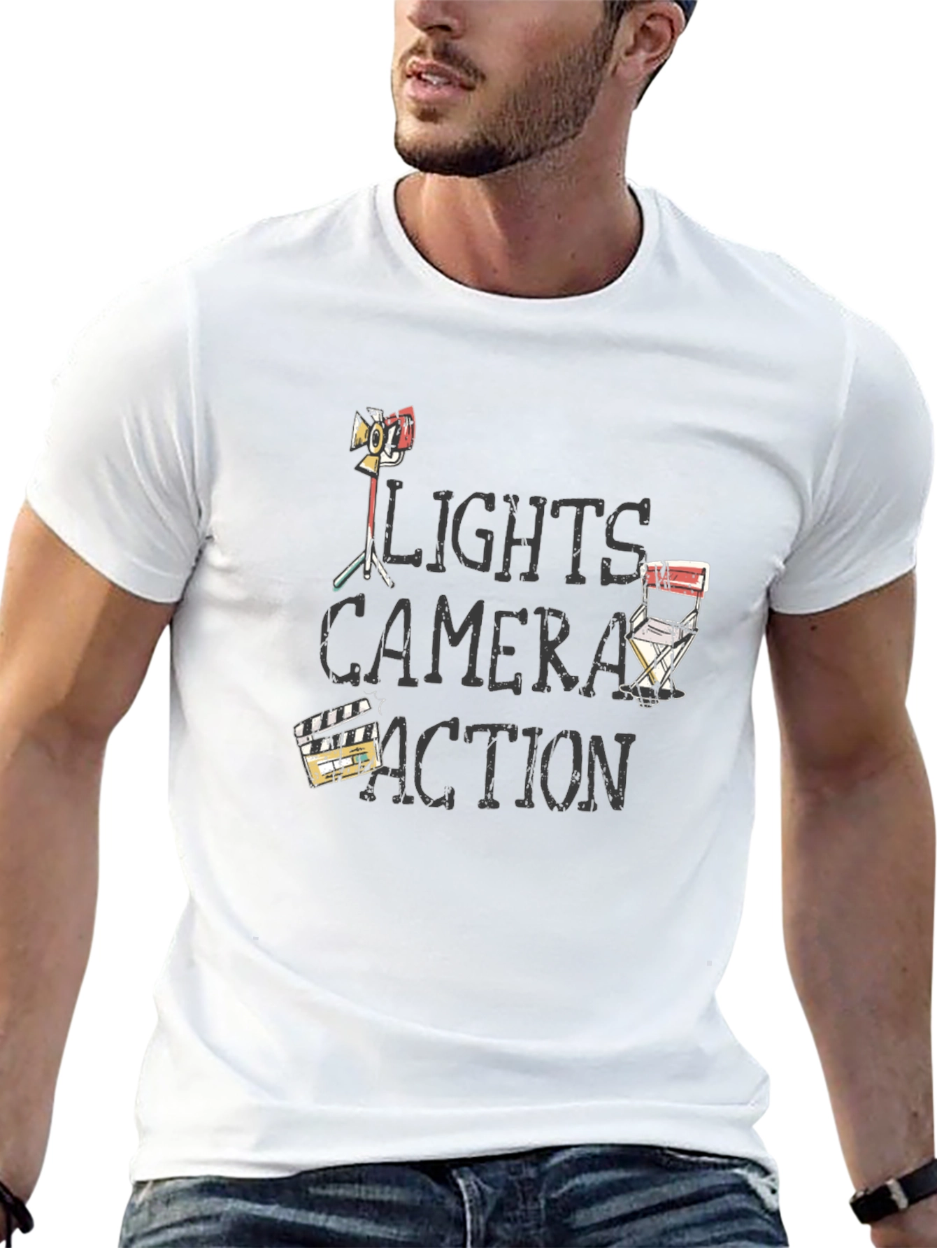 Camiseta Negra Luces Cámara Acción para Amantes del Cine
