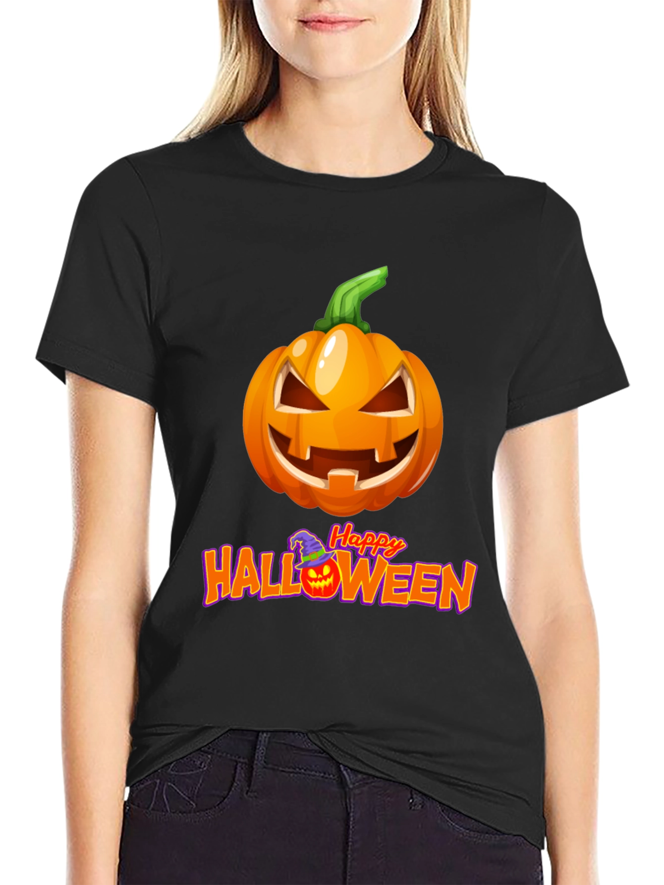 Camiseta Negra con Diseño de Calabaza Halloween