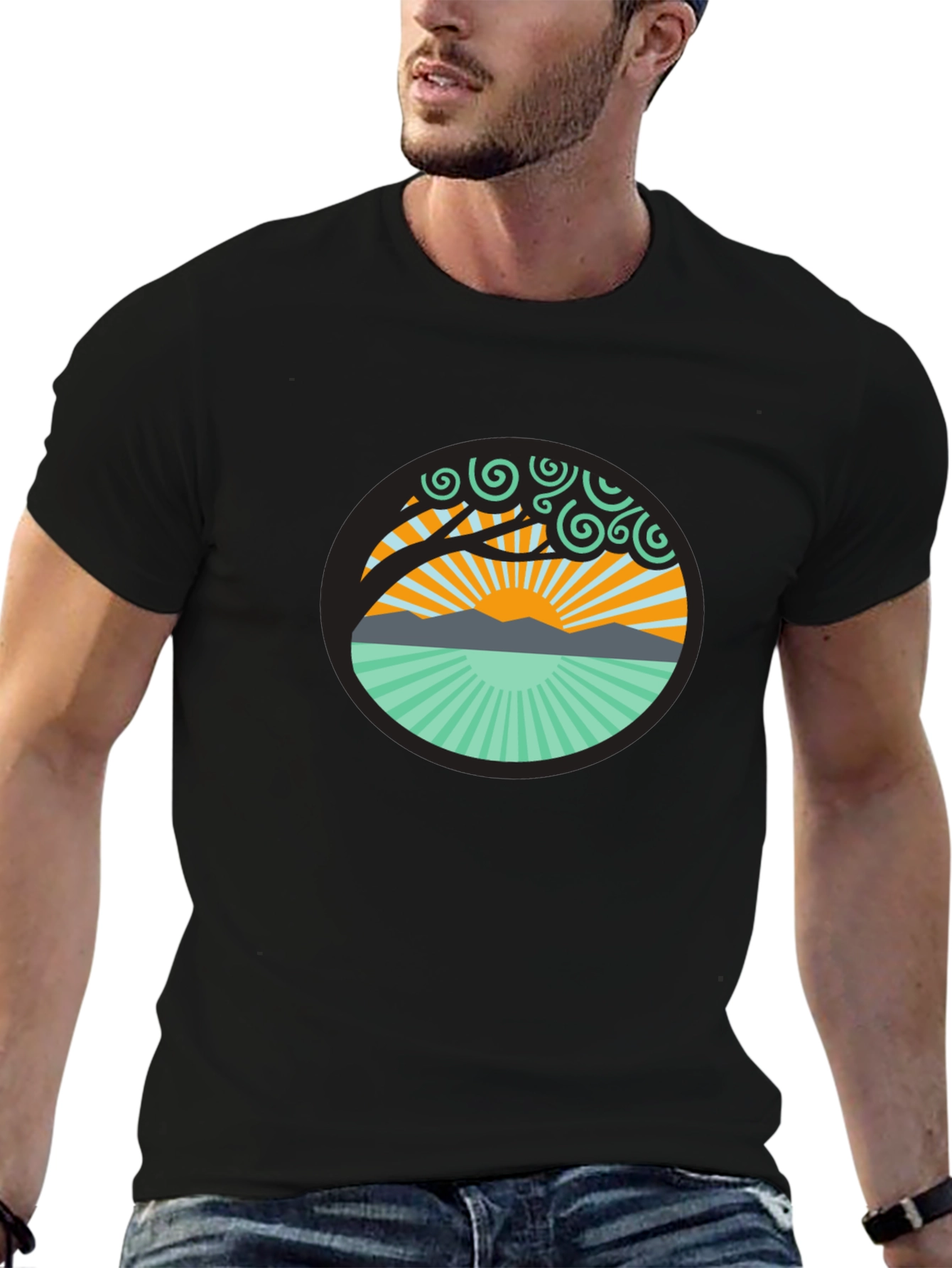Camiseta Negra con Diseño de Naturaleza Circular
