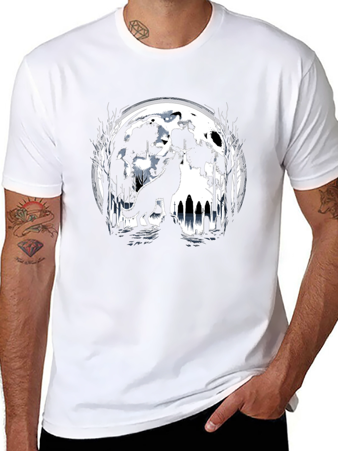 Camiseta Negra Lobo Aullando Luna