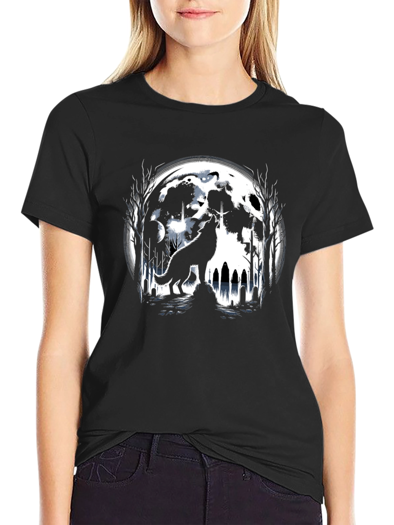 Camiseta Negra Lobo Aullando Luna