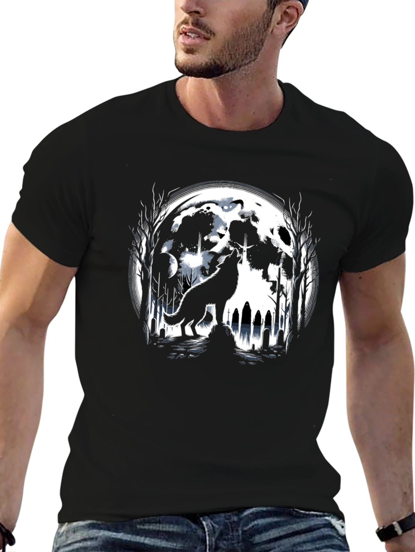 Camiseta Negra Lobo Aullando Luna