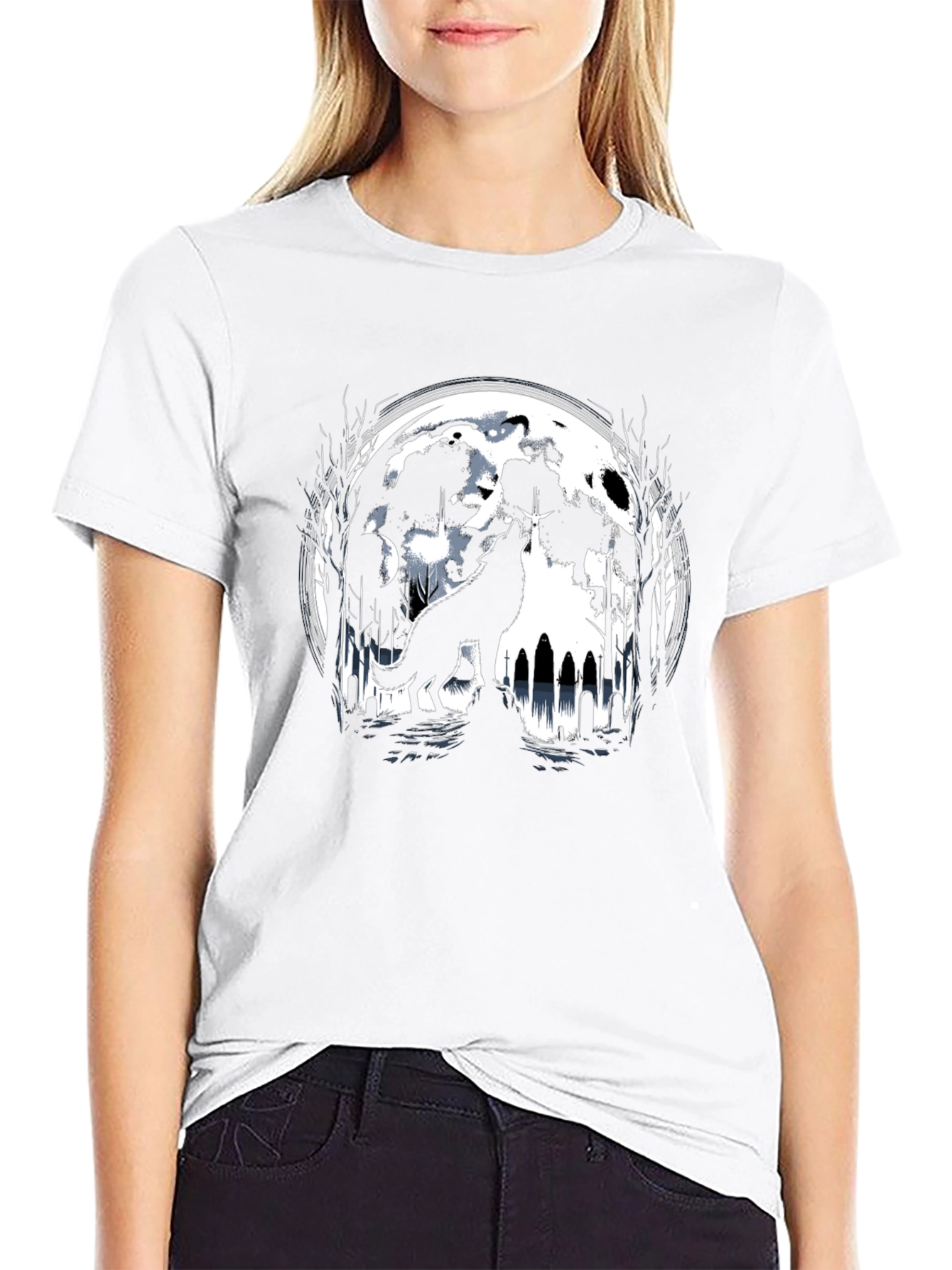 Camiseta Negra Lobo Aullando Luna