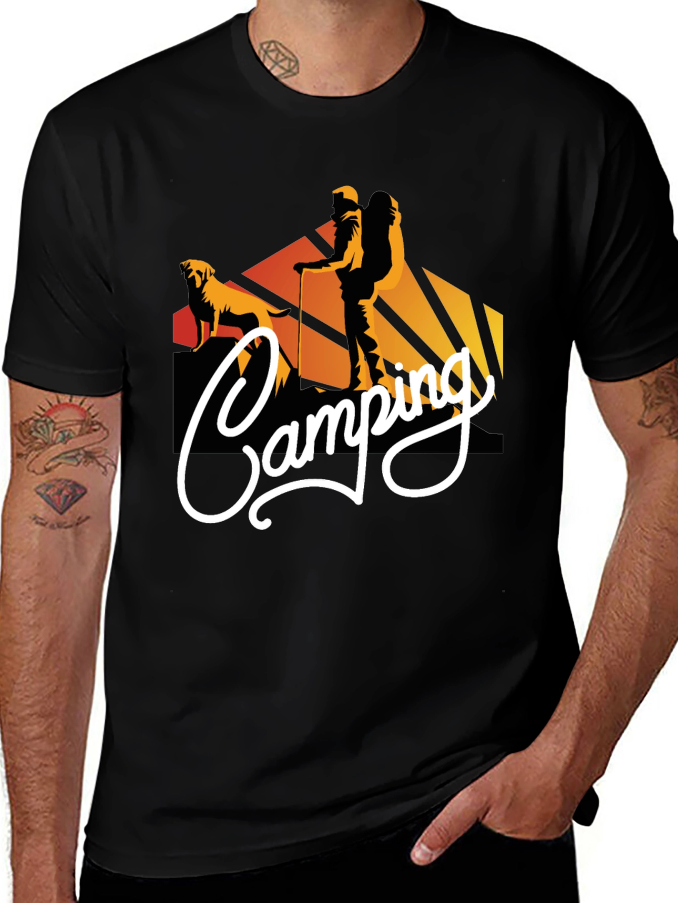 Camiseta Negra Estampada Camping para Hombre