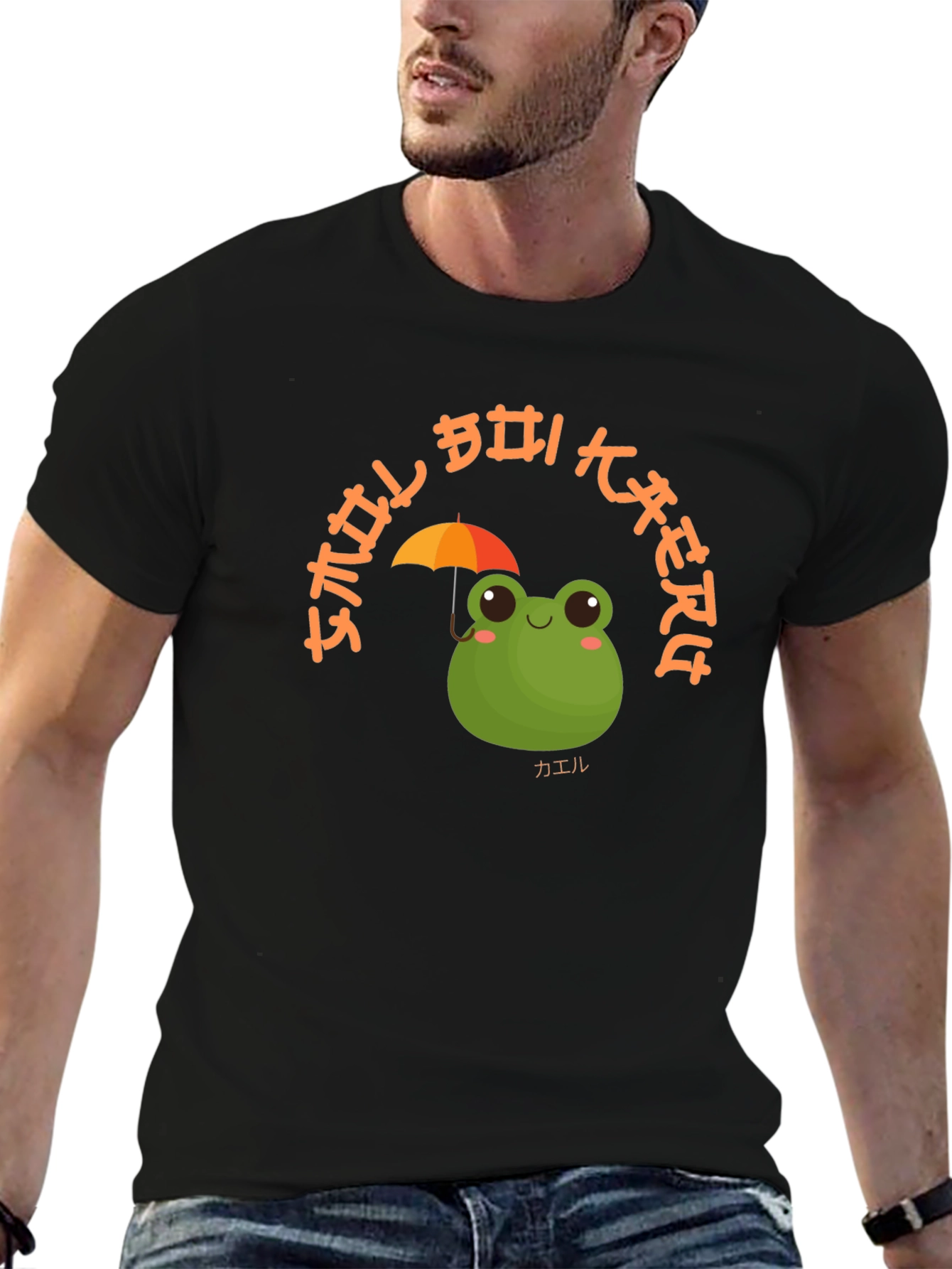 Camiseta Negra con Diseño de Rana y Paraguas Kawaii