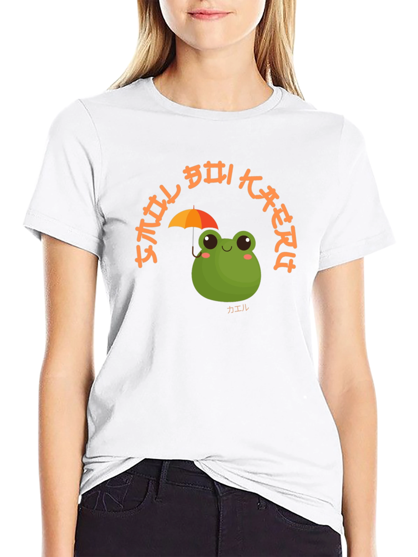 Camiseta Negra con Diseño de Rana y Paraguas Kawaii