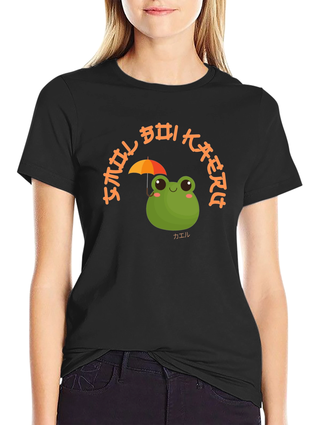 Camiseta Negra con Diseño de Rana y Paraguas Kawaii