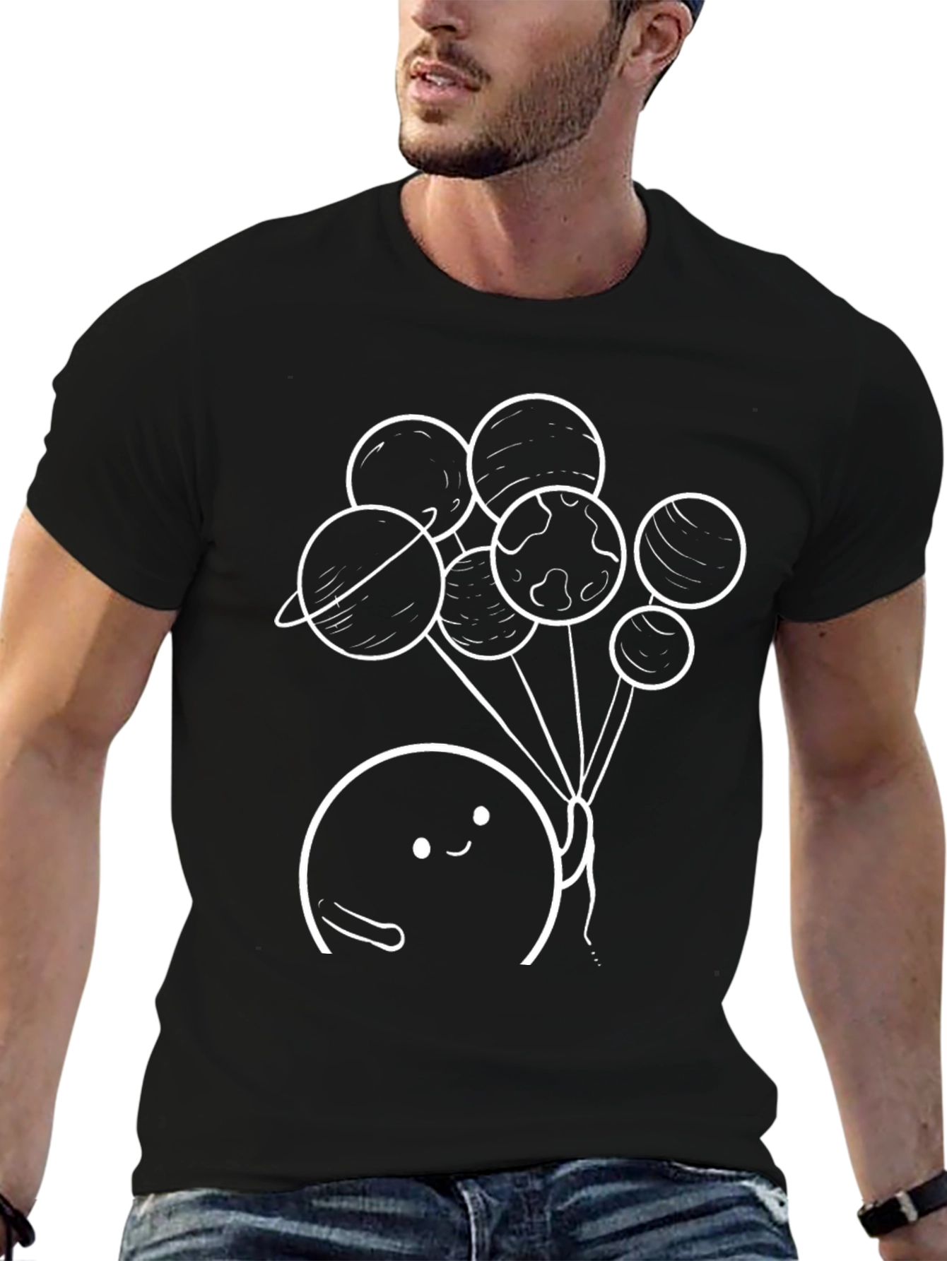 Camiseta Negra con Diseño de Planetas Animados