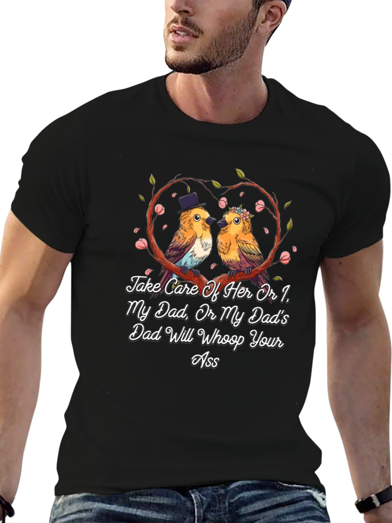 Camiseta Negra con Diseño de Pájaros Enamorados