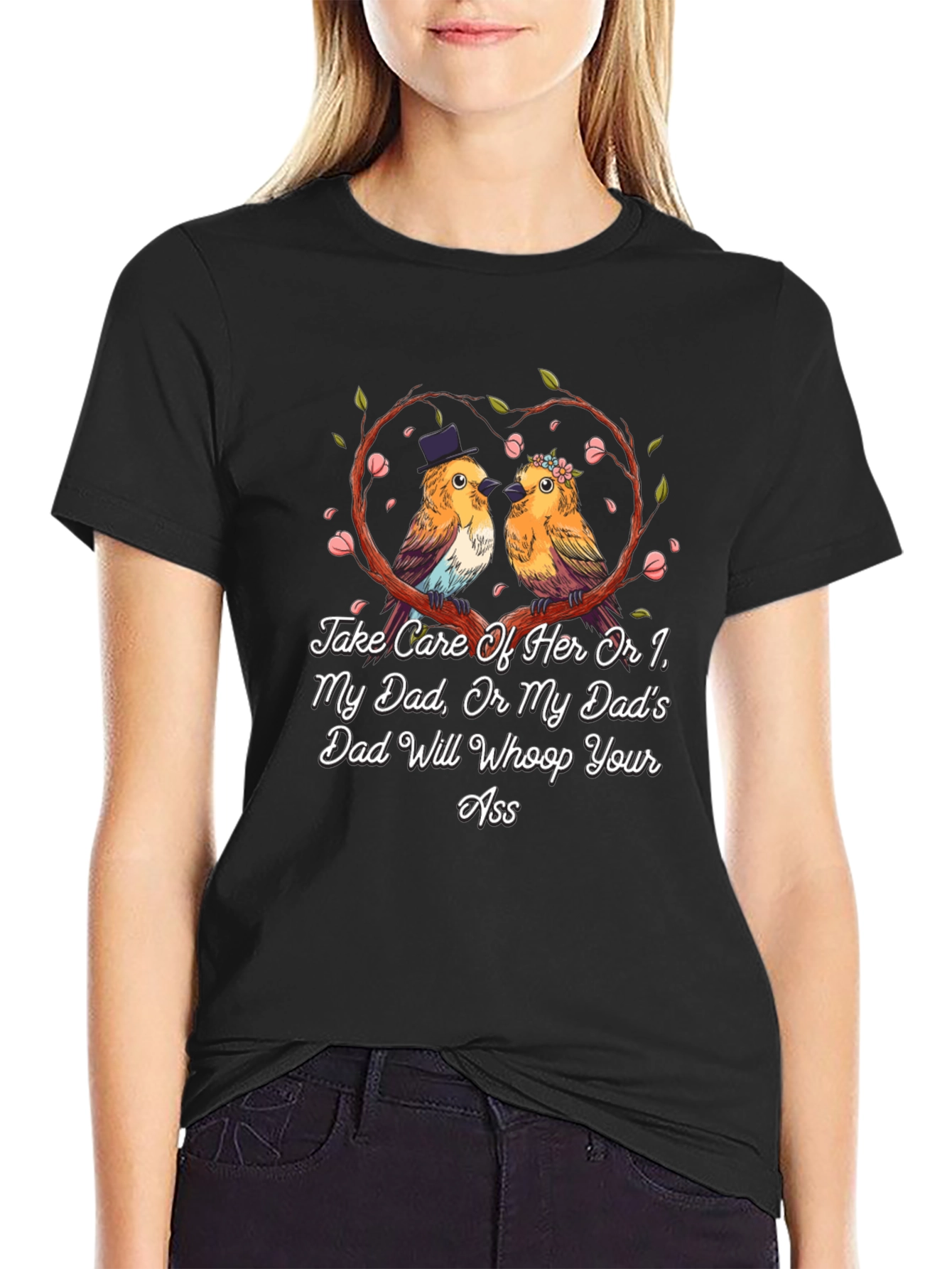 Camiseta Negra con Diseño de Pájaros Enamorados