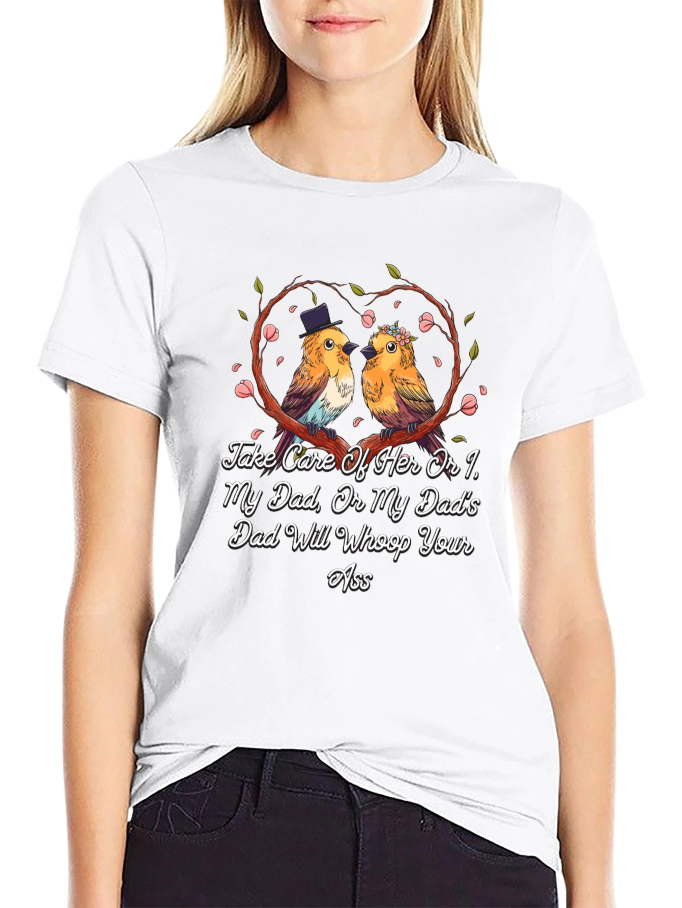 Camiseta Negra con Diseño de Pájaros Enamorados
