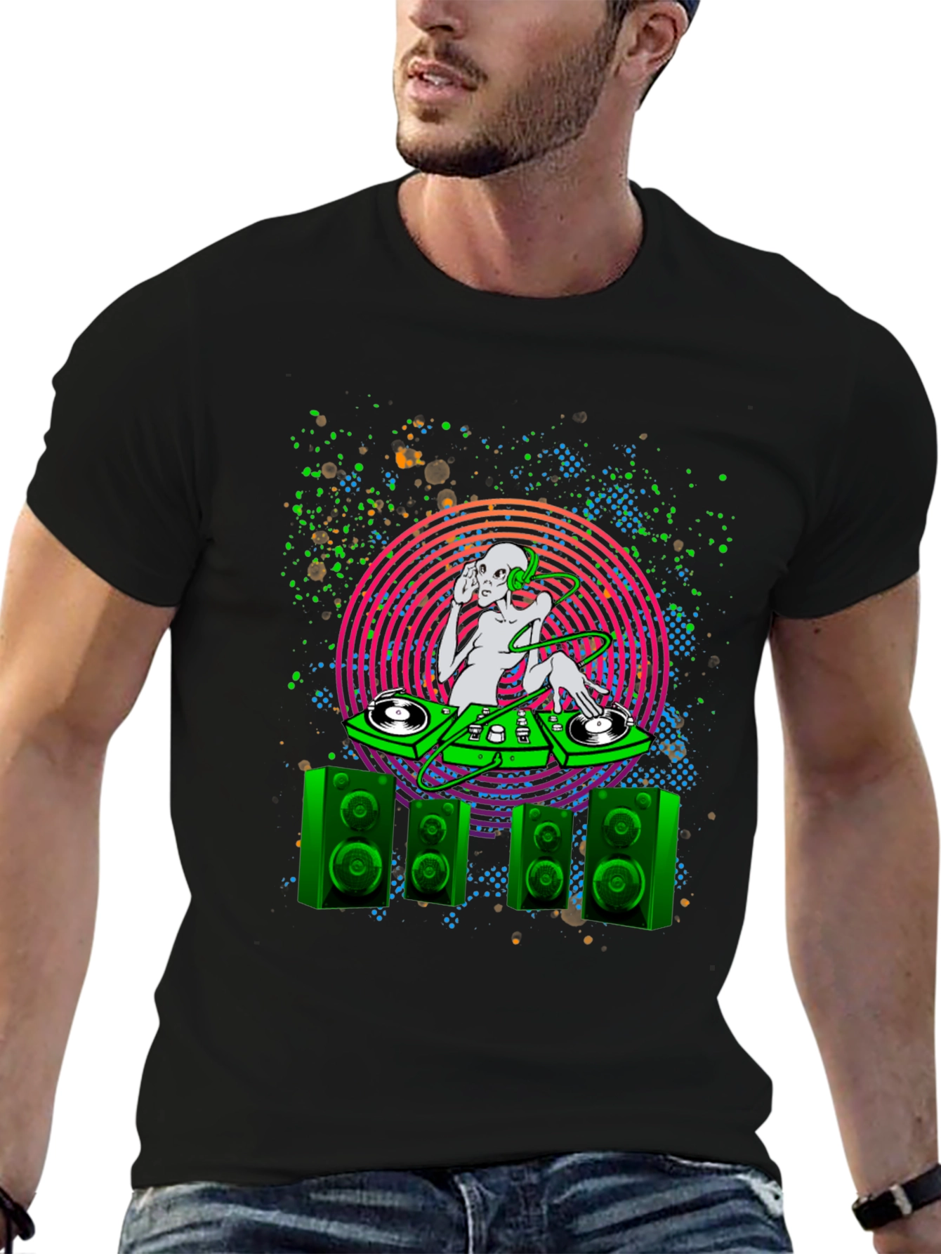 Camiseta Negra con Diseño Alien DJ para Hombre