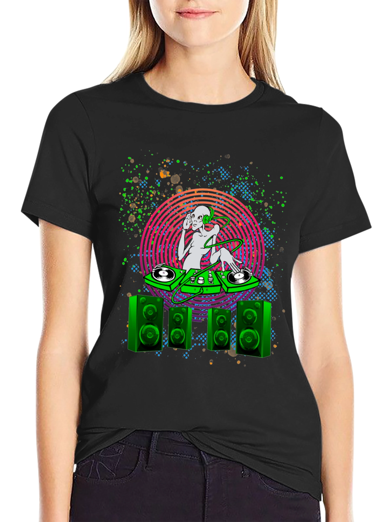 Camiseta Negra con Diseño Alien DJ para Hombre