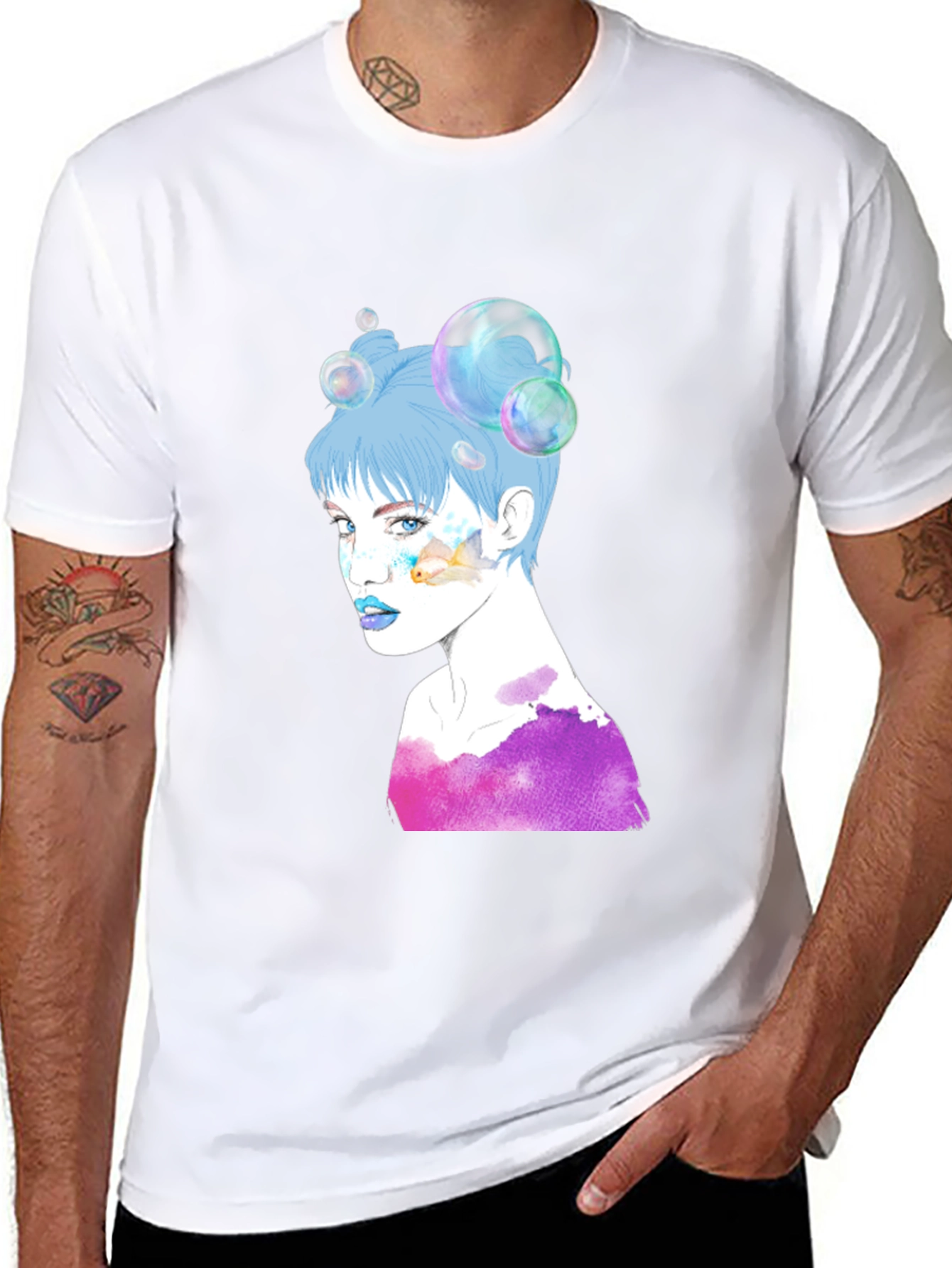 Camiseta Negra con Diseño Artístico de Mujer con Burbujas