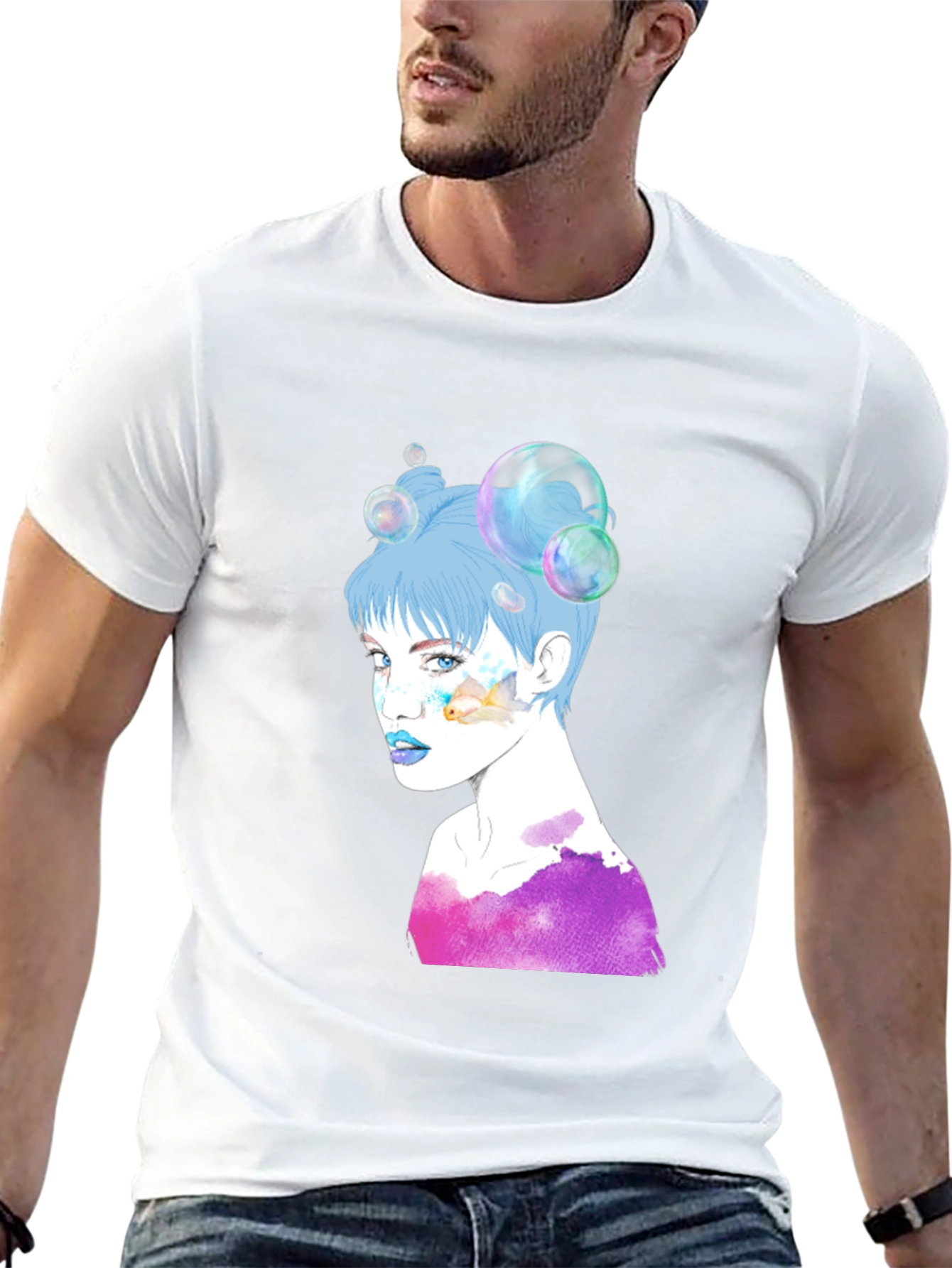 Camiseta Negra con Diseño Artístico de Mujer con Burbujas