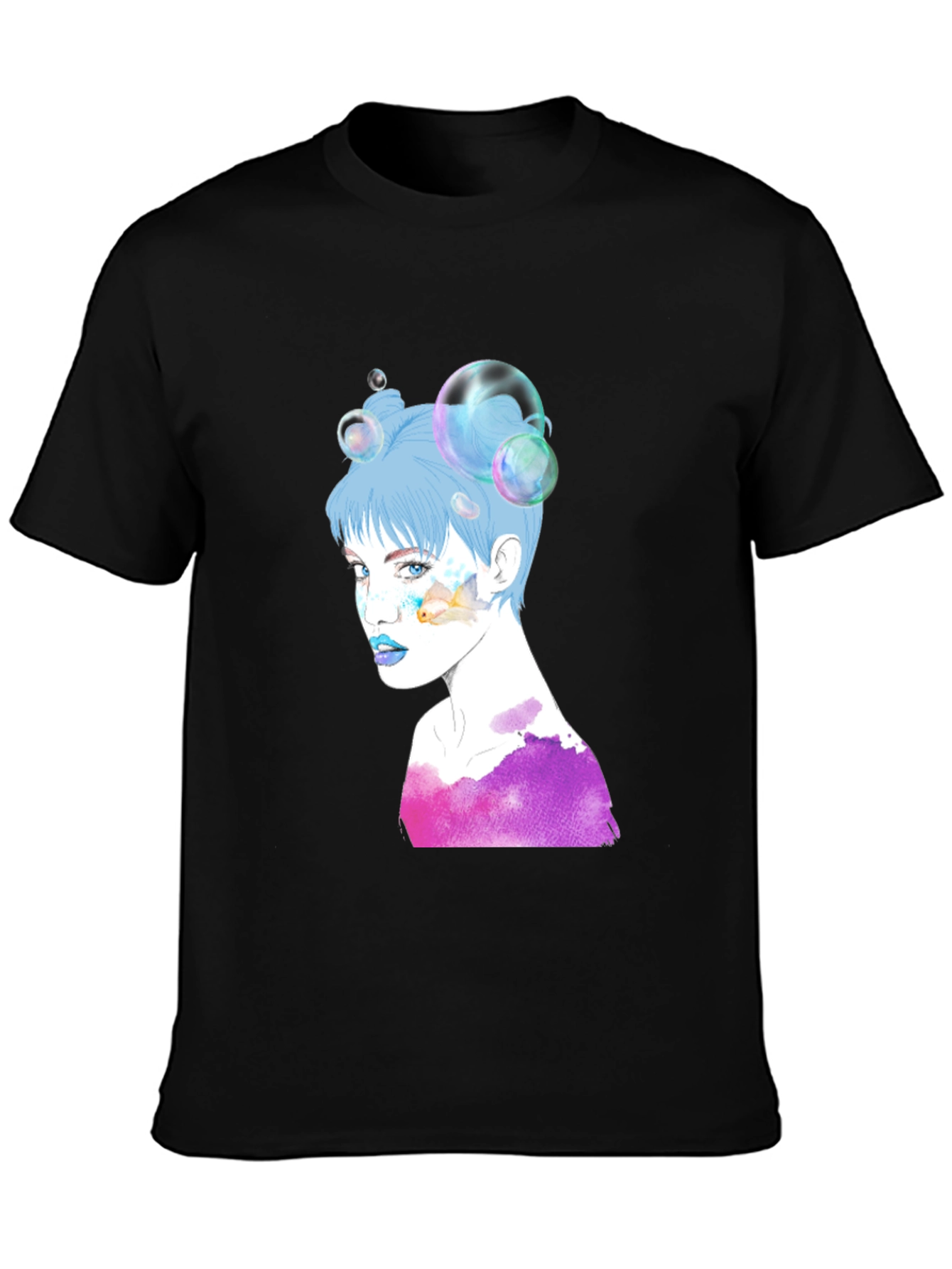 Camiseta Negra con Diseño Artístico de Mujer con Burbujas