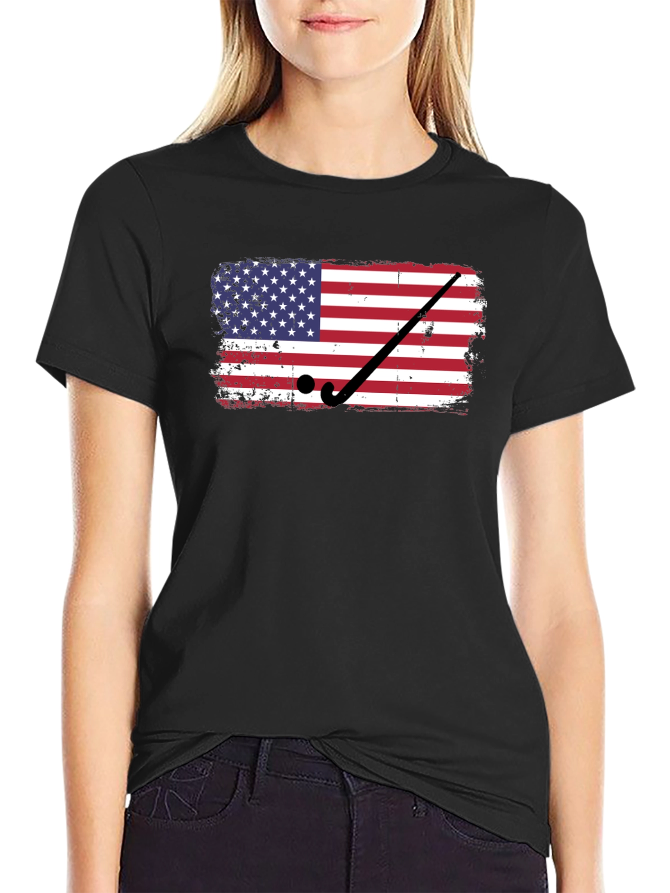 Camiseta Negra con Diseño de Bandera USA Hockey