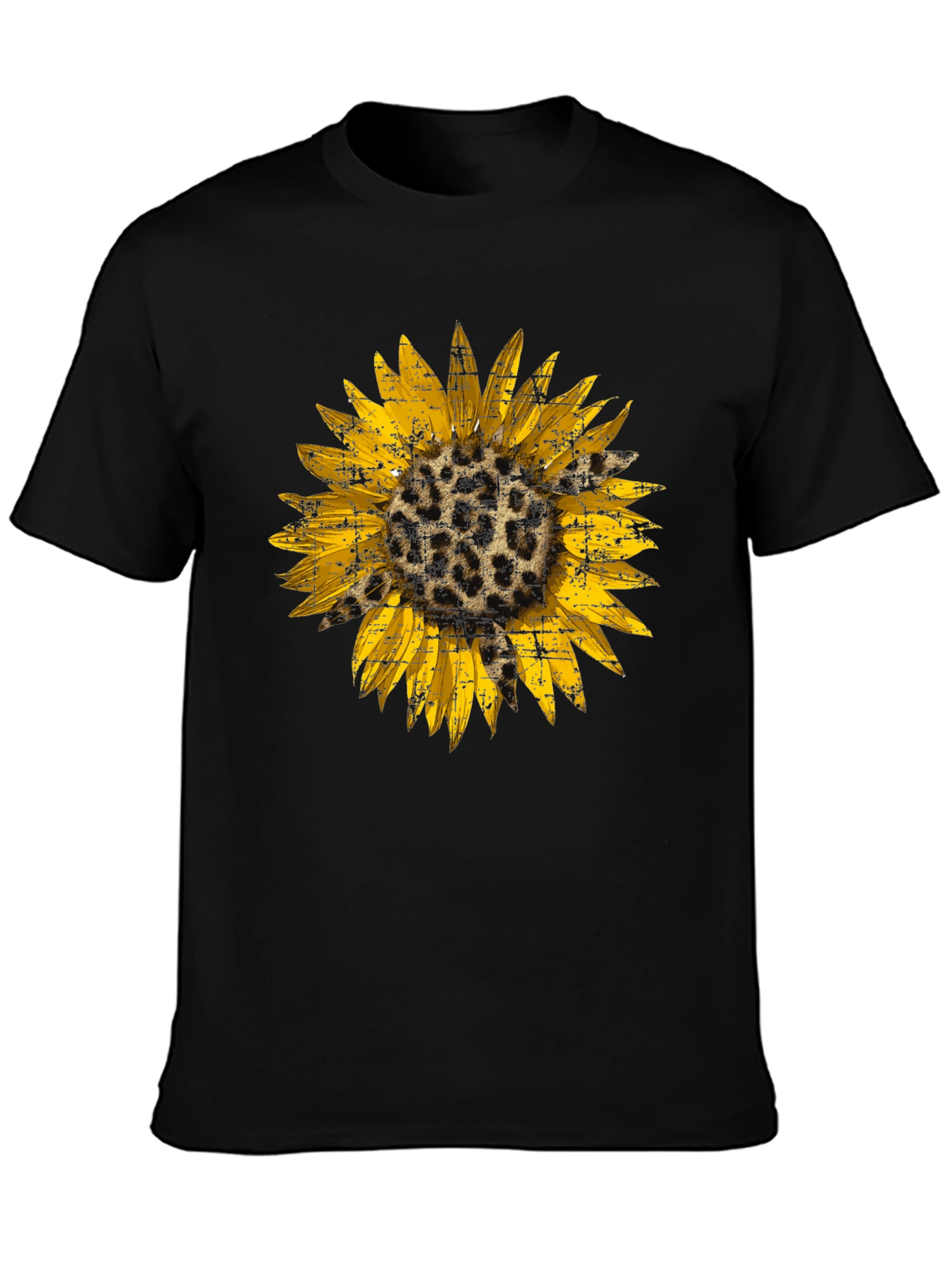 Camiseta Negra con Girasol Estampado Animal Print