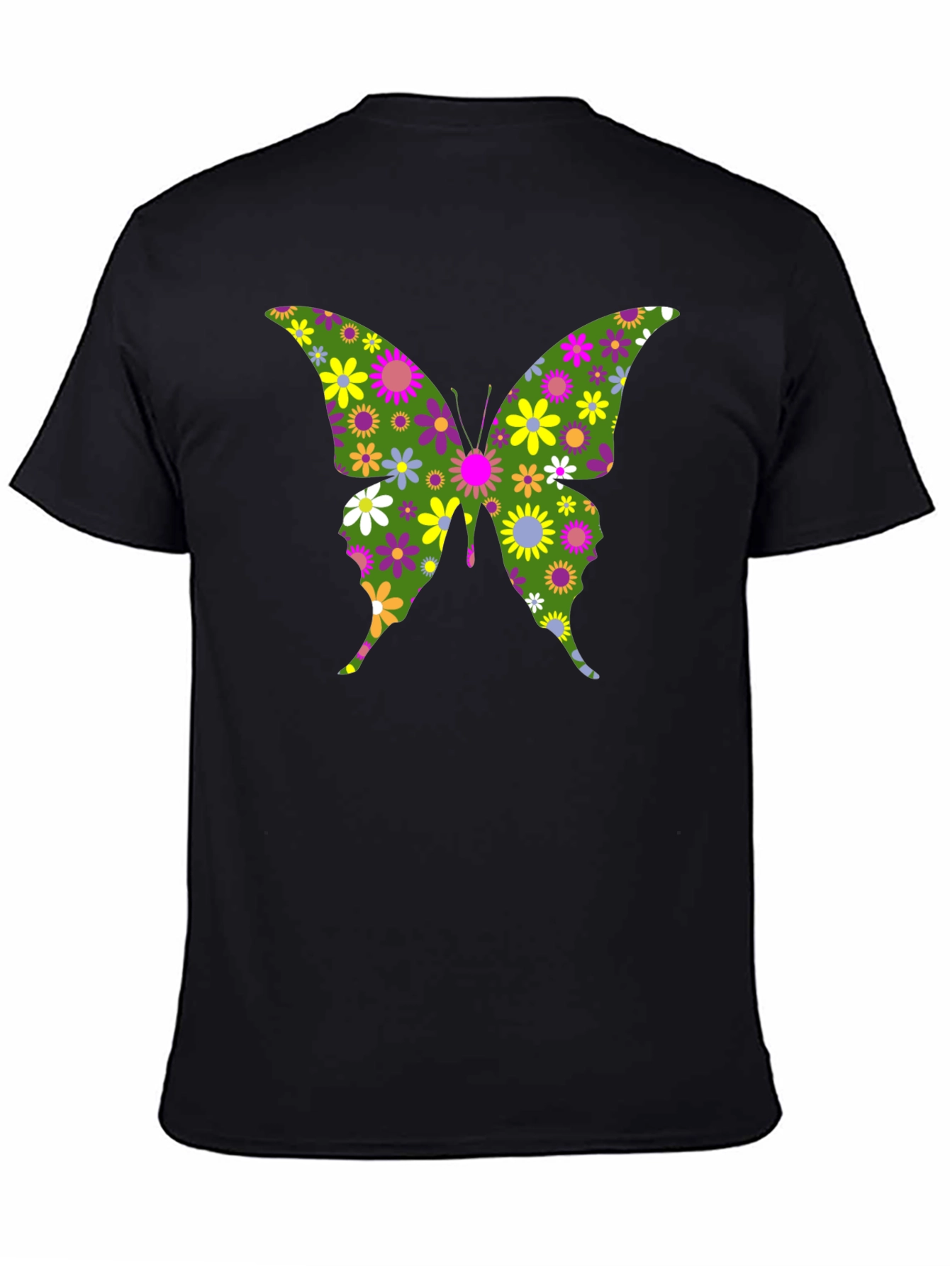 Camiseta Negra con Mariposa Floral Psicodélica