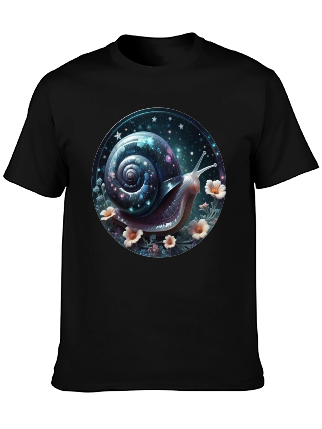 Camiseta Negra con Diseño de Caracol Cósmico