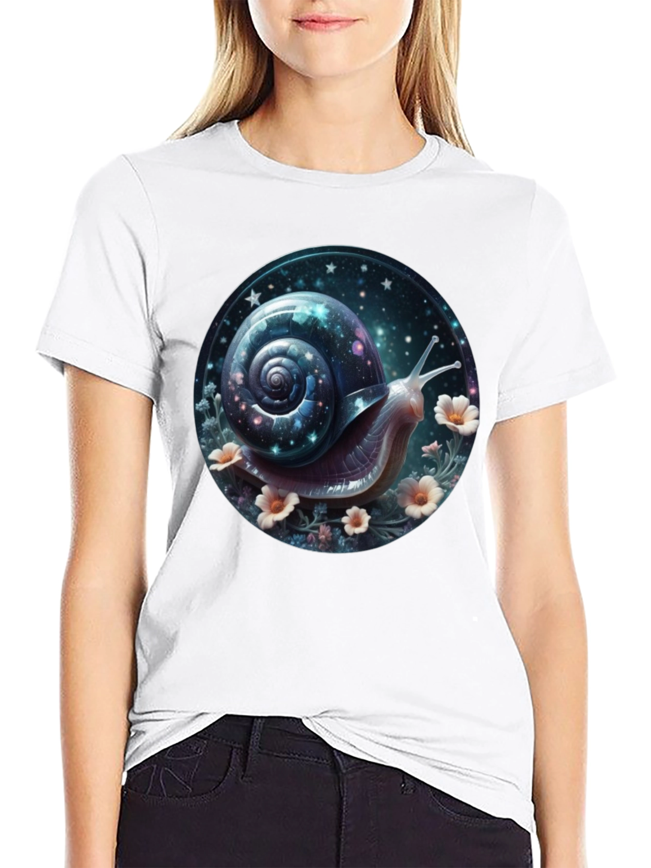 Camiseta Negra con Diseño de Caracol Cósmico