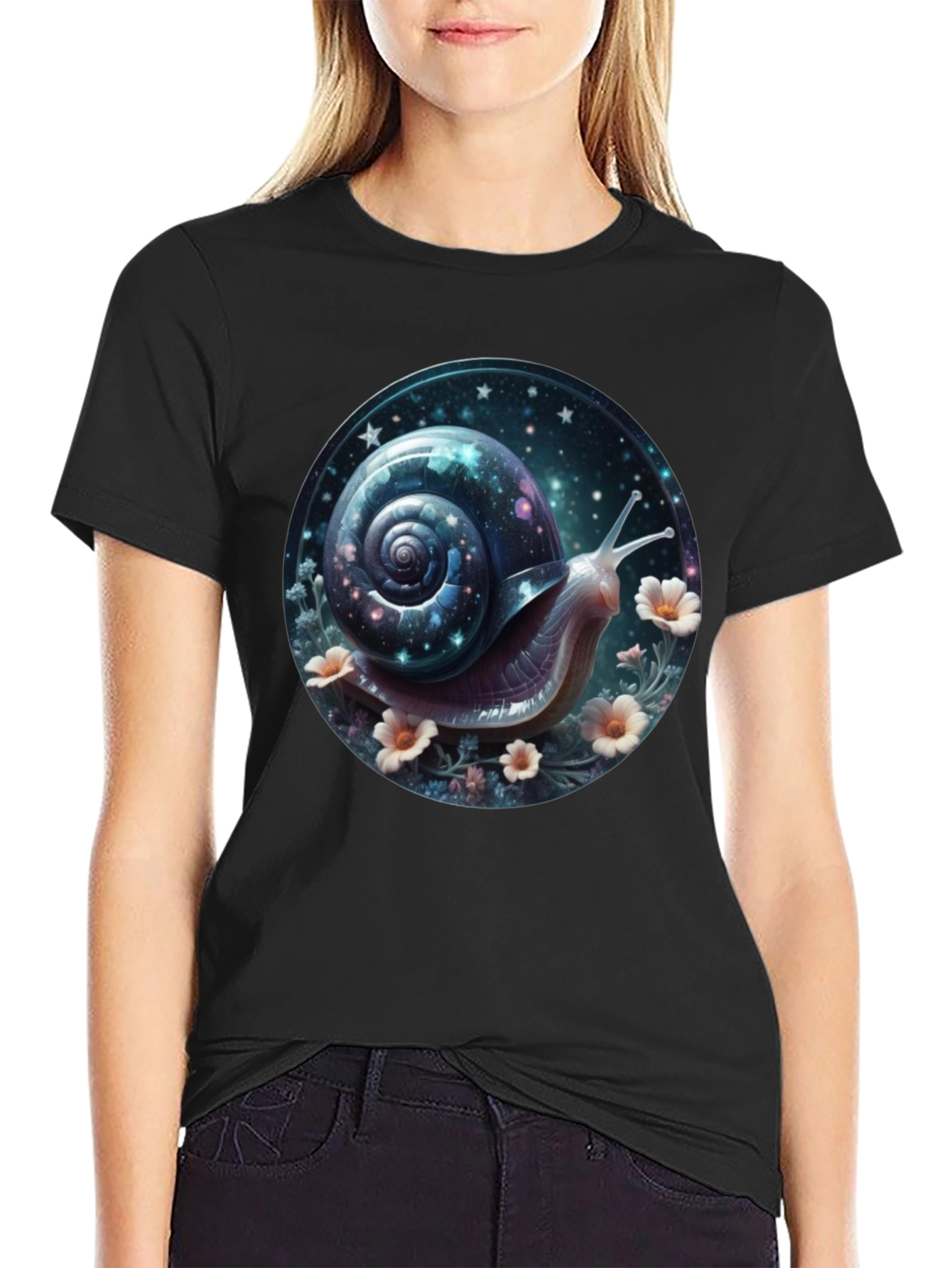 Camiseta Negra con Diseño de Caracol Cósmico