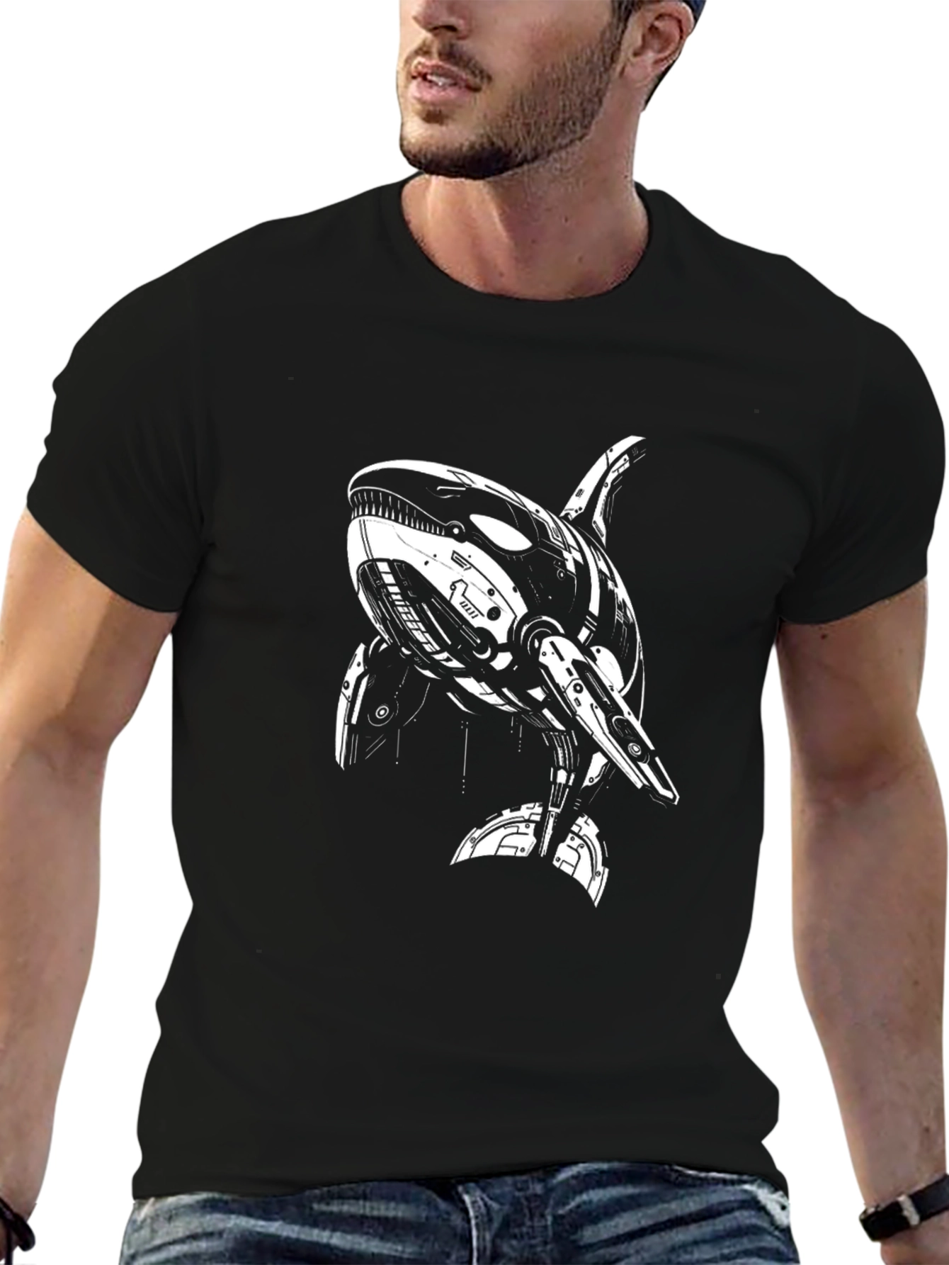 Camiseta Negra con Diseño de Orca Robótica