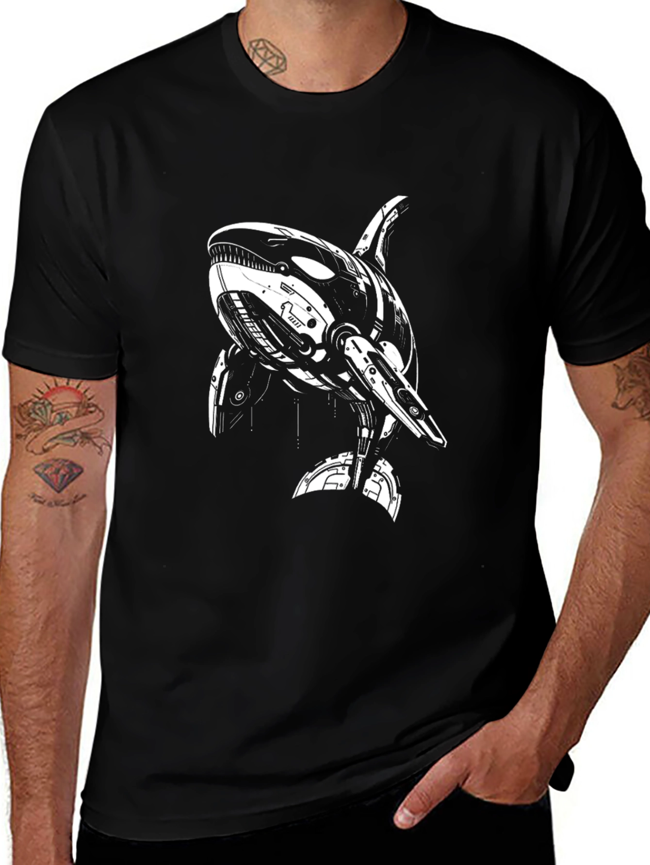 Camiseta Negra con Diseño de Orca Robótica