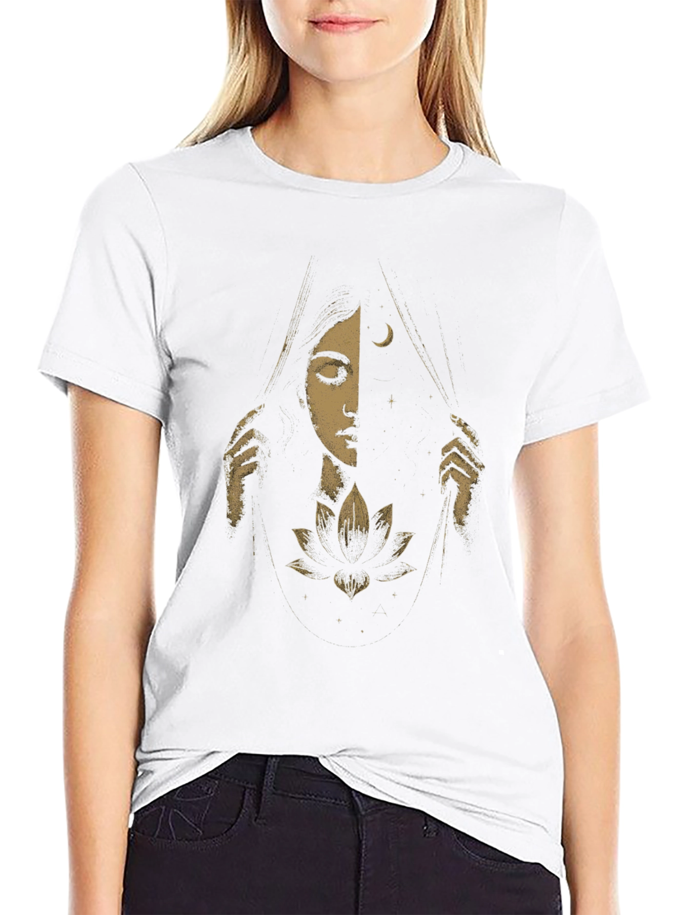 Camiseta Negra con Diseño de Luna y Flor