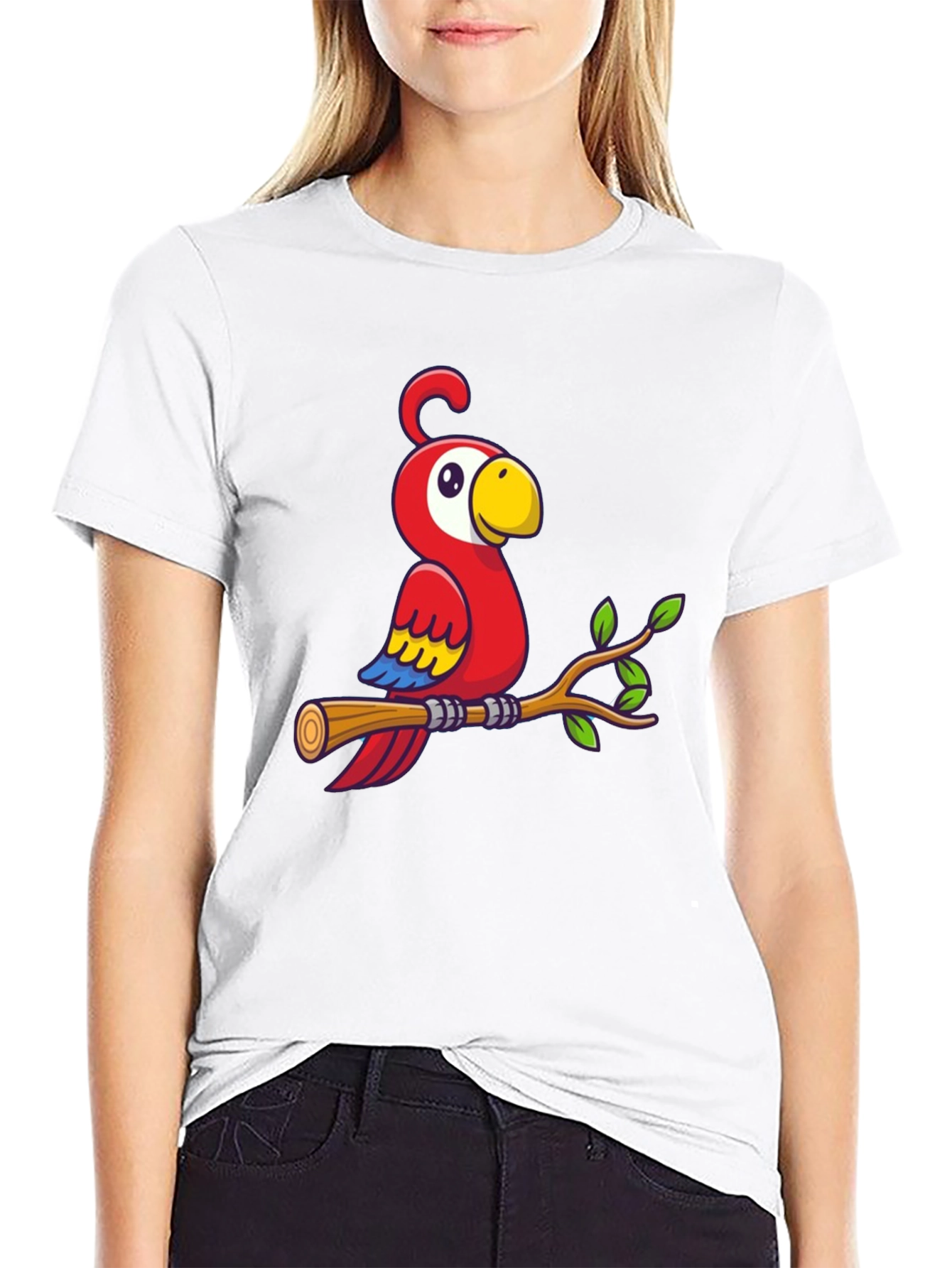 Camiseta Negra con Diseño de Loro en Rama