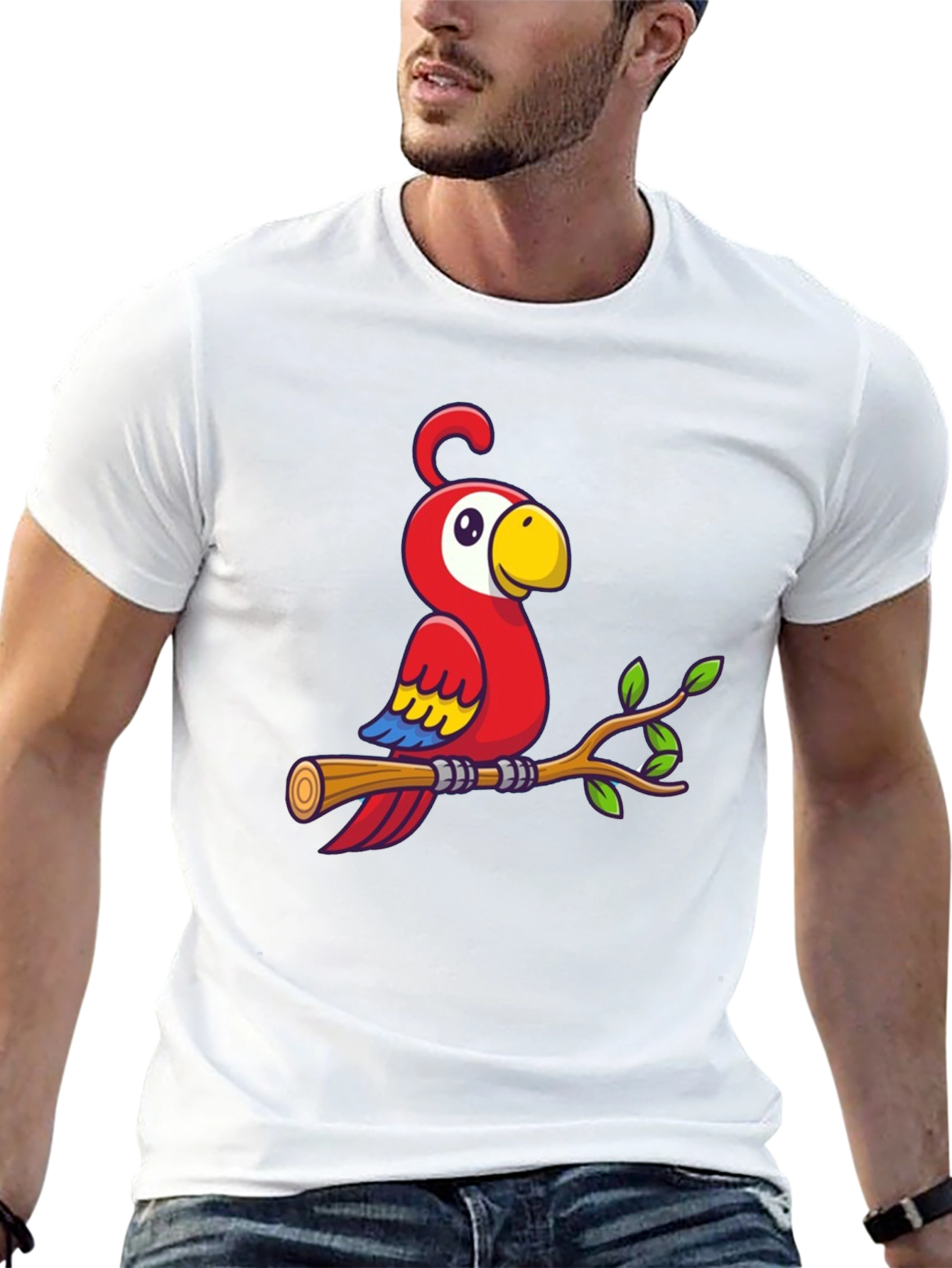 Camiseta Negra con Diseño de Loro en Rama
