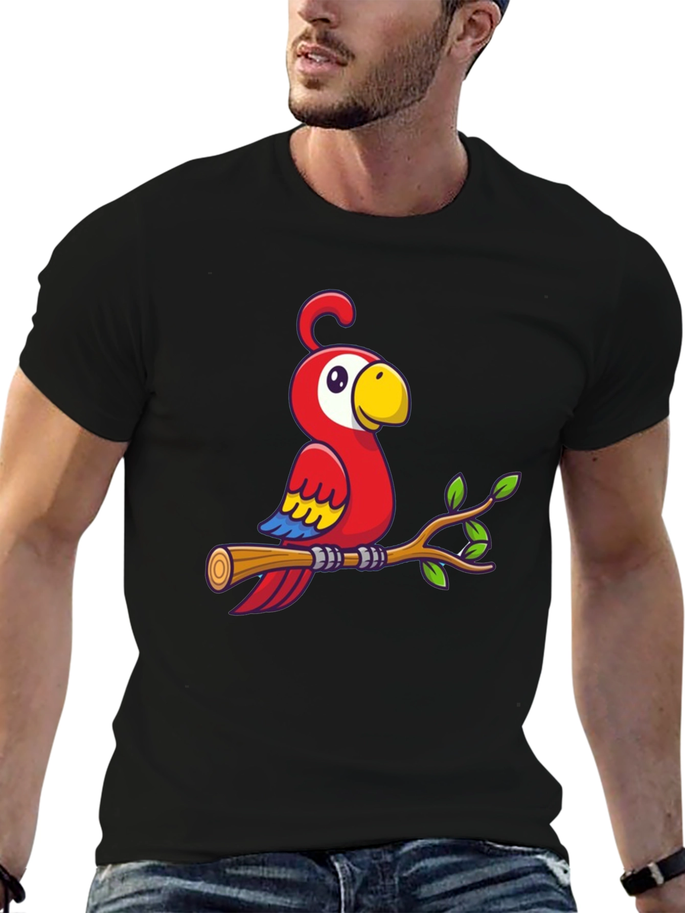 Camiseta Negra con Diseño de Loro en Rama