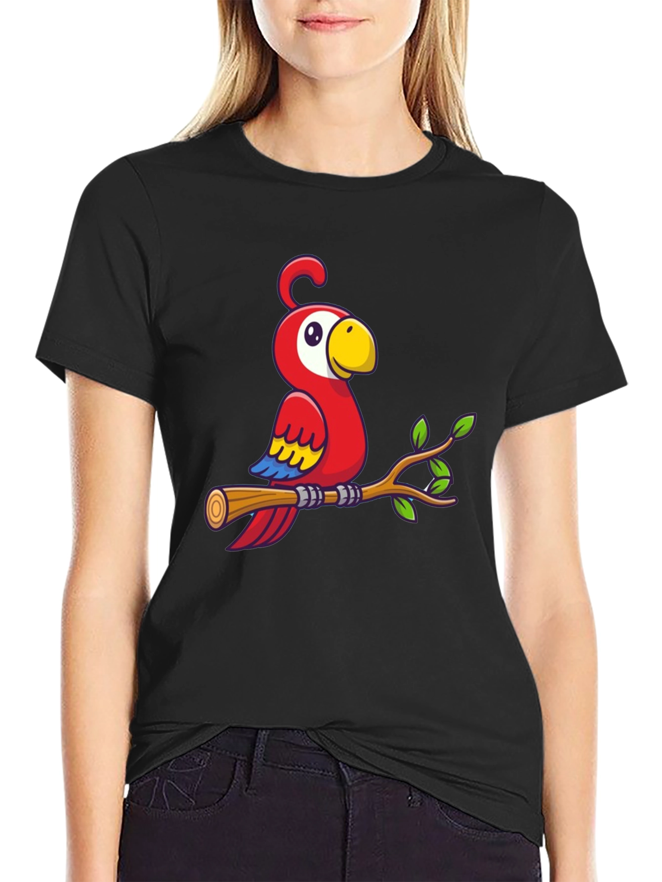Camiseta Negra con Diseño de Loro en Rama