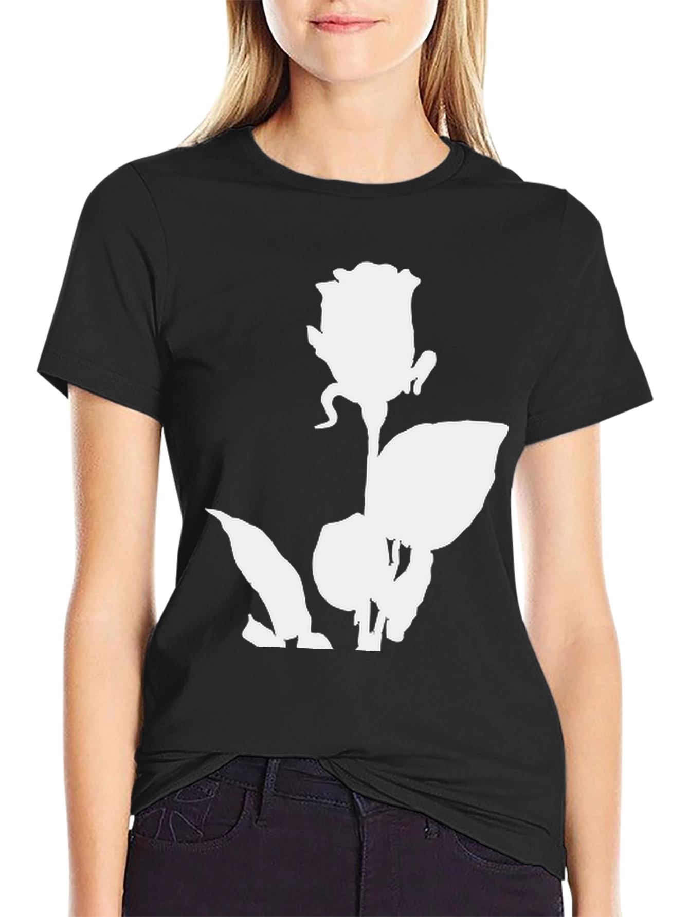 Camiseta Negra con Diseño de Rosa Blanca