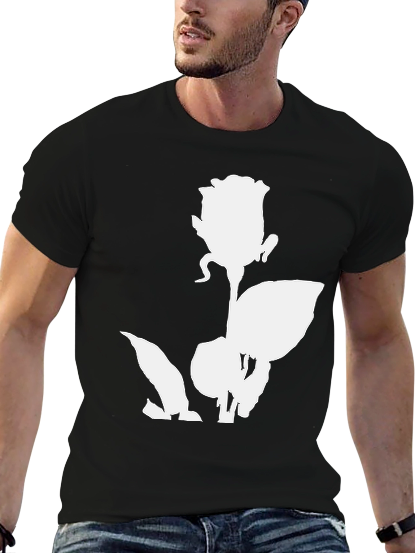 Camiseta Negra con Diseño de Rosa Blanca